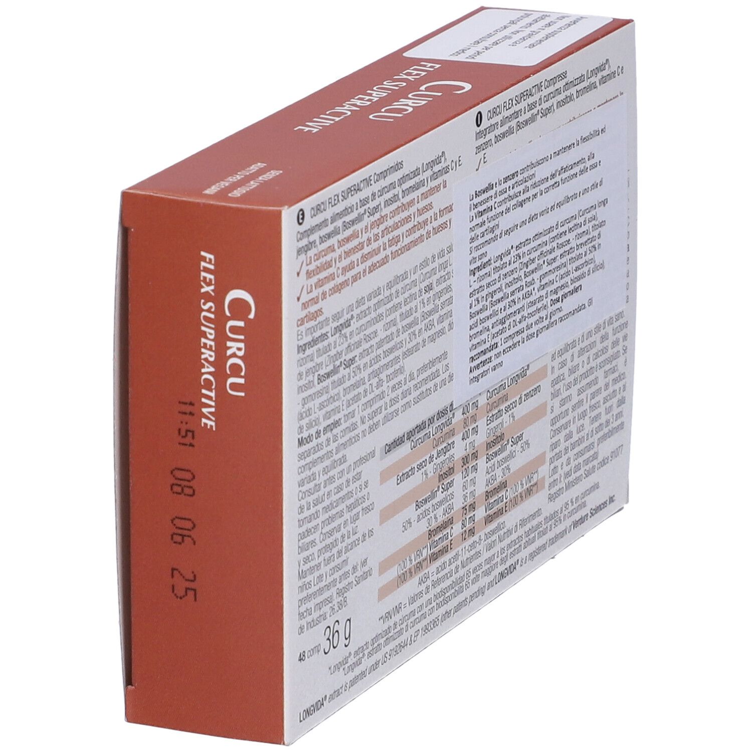 Confezione in cartone inclinata con nome del prodotto e ingredienti. Testo multilingue.