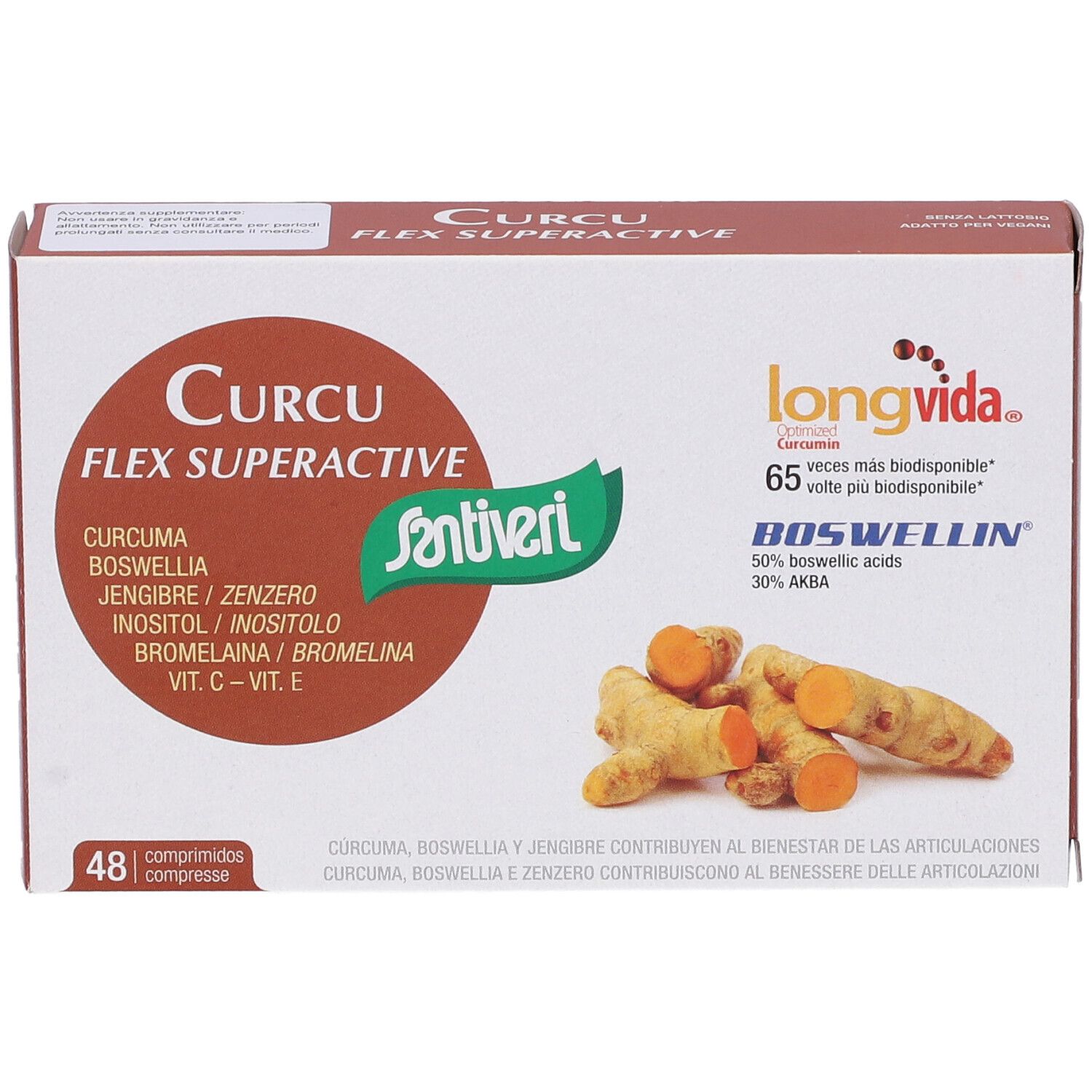 Confezione in cartone con nome del prodotto e ingredienti. Immagine di radici di curcuma. Marchio Santiveri.