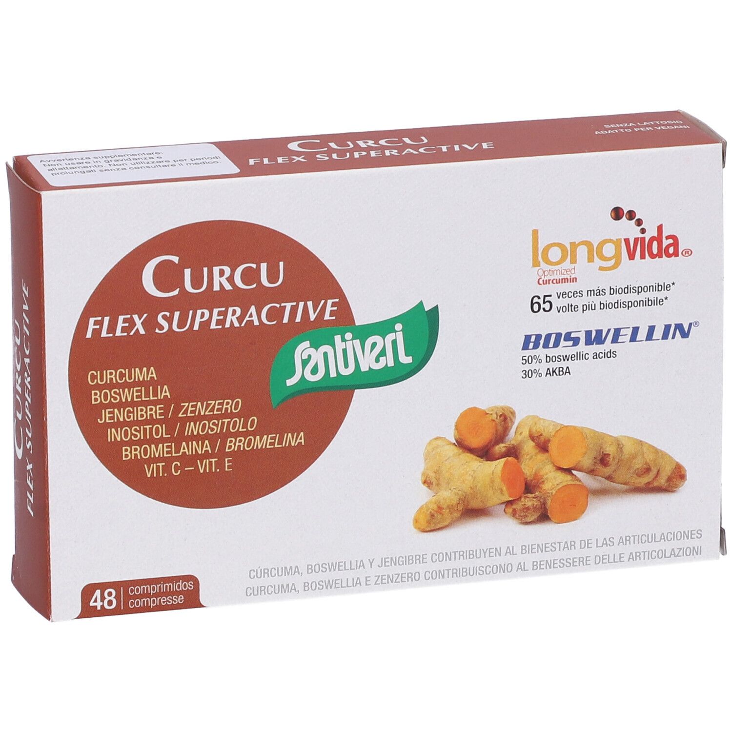 Confezione in cartone con nome del prodotto e ingredienti. Immagine di radici di curcuma. Marchio Santiveri.