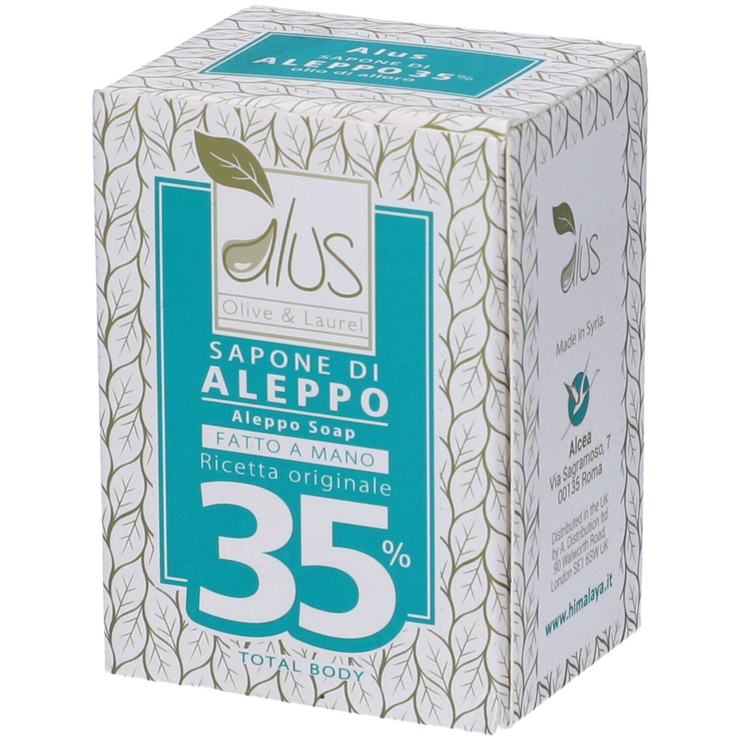 Scatola con sapone. Scritte: Alus Olive & Laurel, Sapone di Aleppo, 35%, Total Body. Motivo foglie.