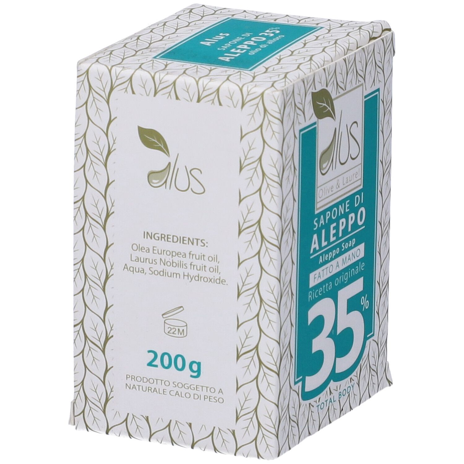 Scatola con sapone. Scritte: Alus Olive & Laurel, Sapone di Aleppo, 35%, 200g. Lista ingredienti.