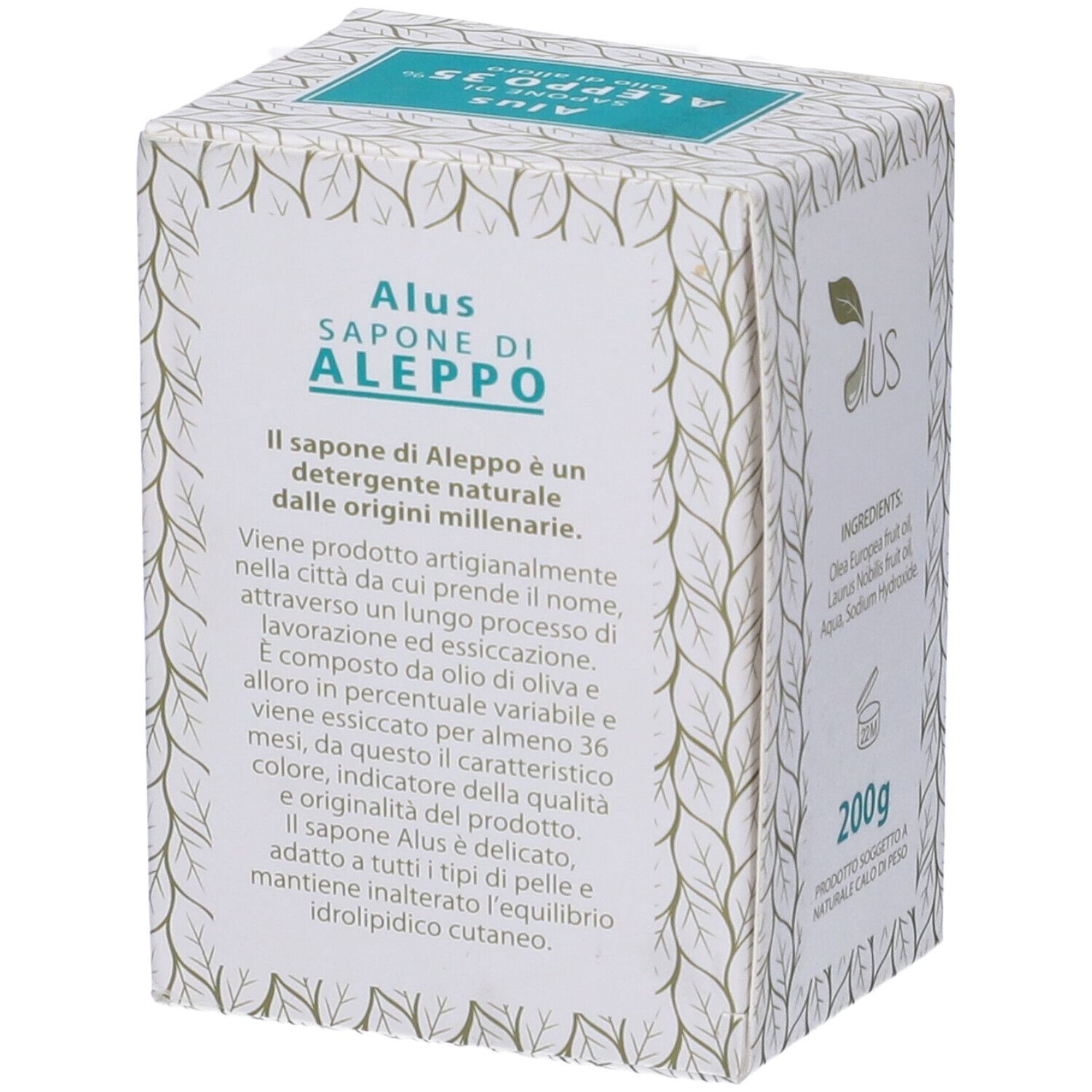 Scatola con sapone. Scritte: Alus Olive & Laurel, Sapone di Aleppo. Testo sul sapone. 200g.