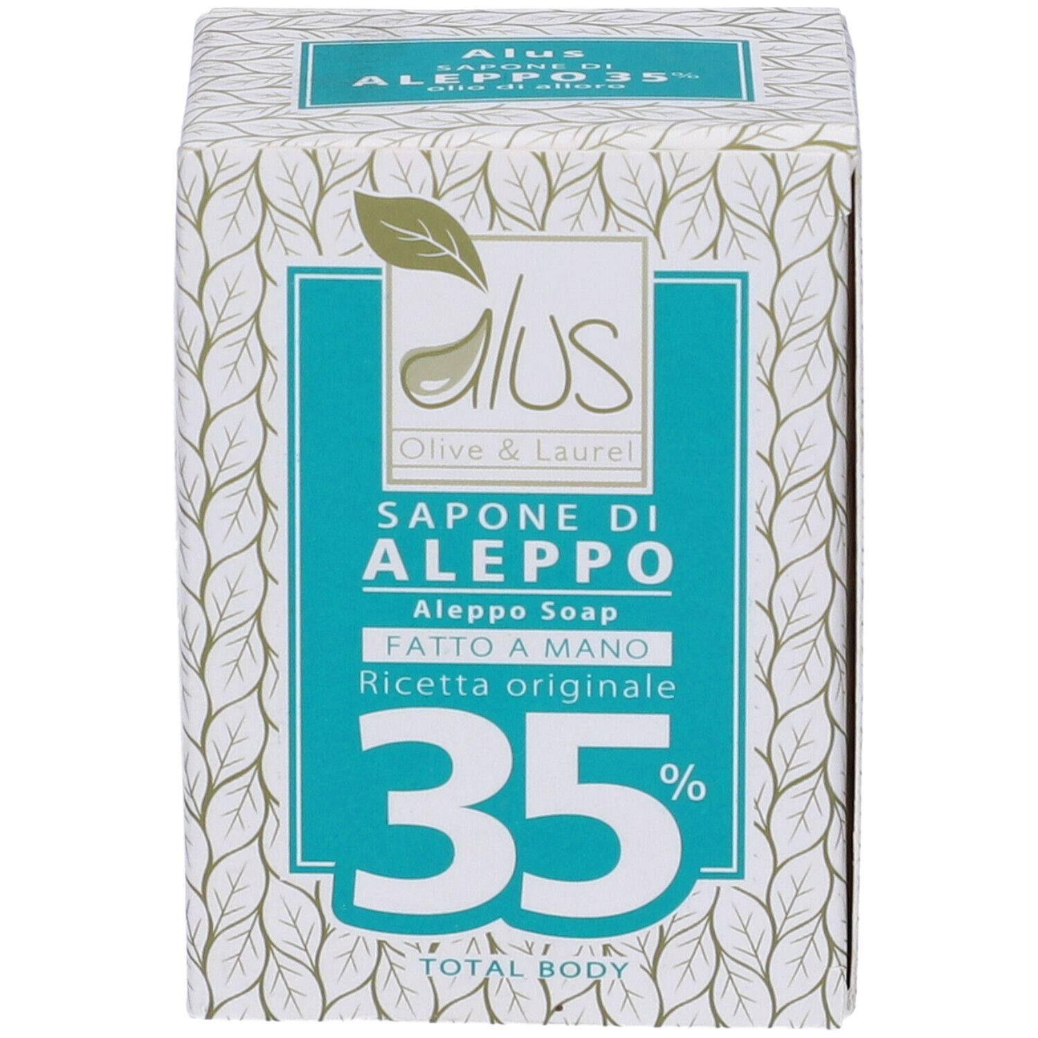 Scatola con sapone. Scritte: Alus Olive & Laurel, Sapone di Aleppo, 35%, Total Body. Motivo foglie.