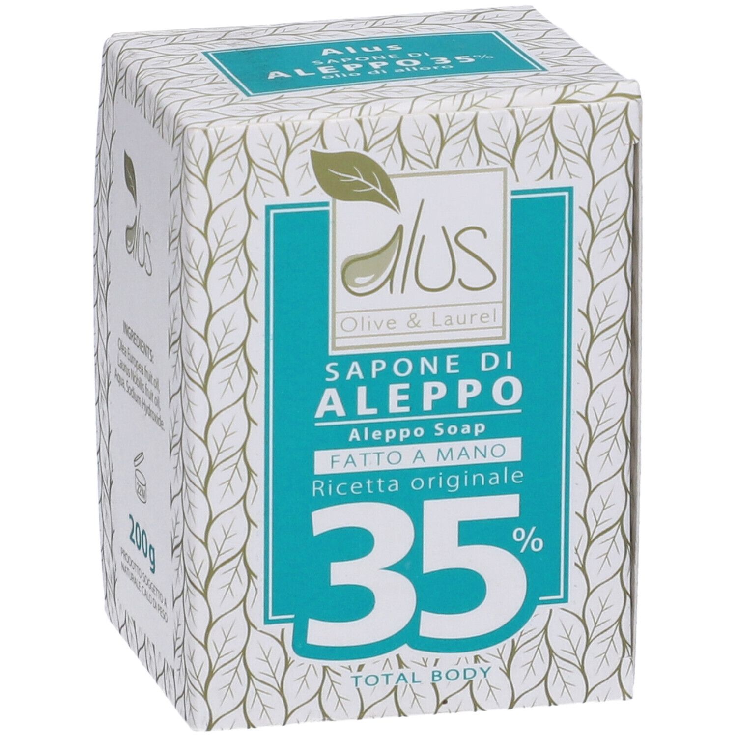 Scatola con sapone. Scritte: Alus Olive & Laurel, Sapone di Aleppo, 35%, 200g. Lista ingredienti.