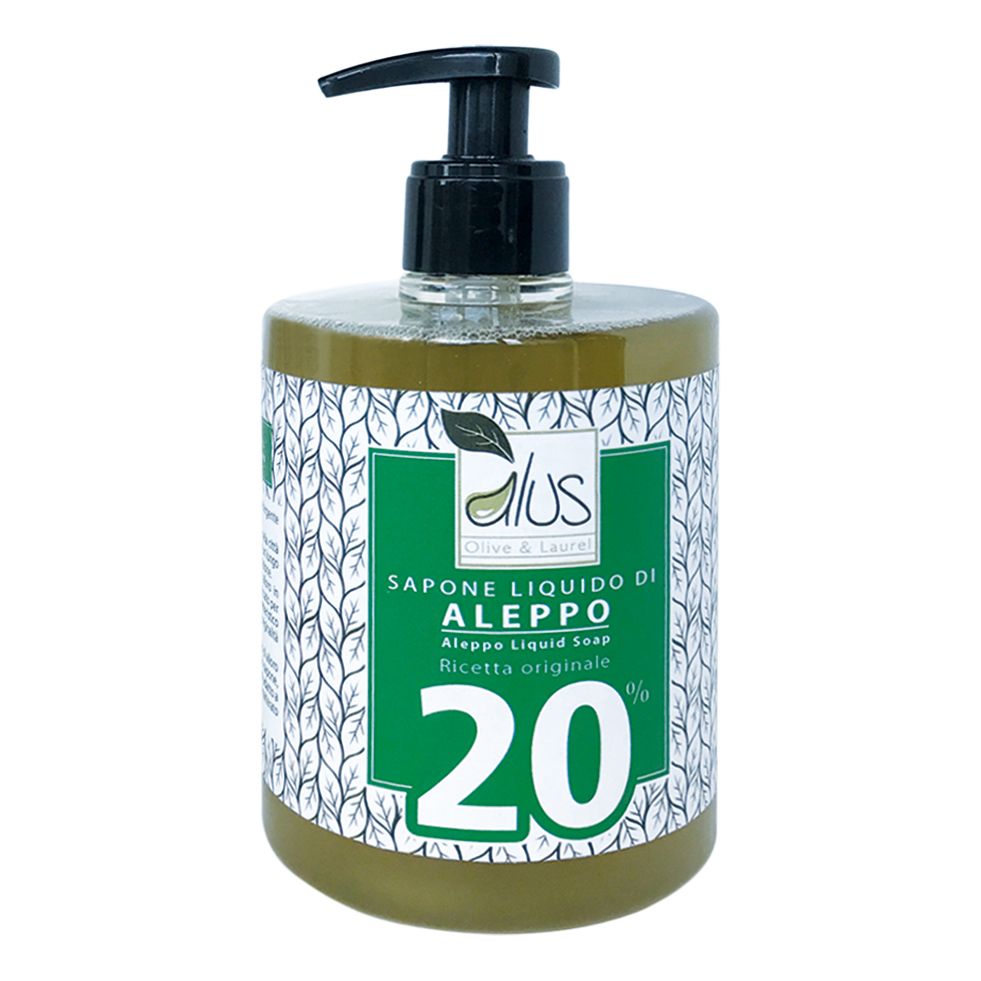 Sapone liquido in flacone trasparente con dosatore nero. L'etichetta riporta "Aleppo Sapone Liquido 20%".