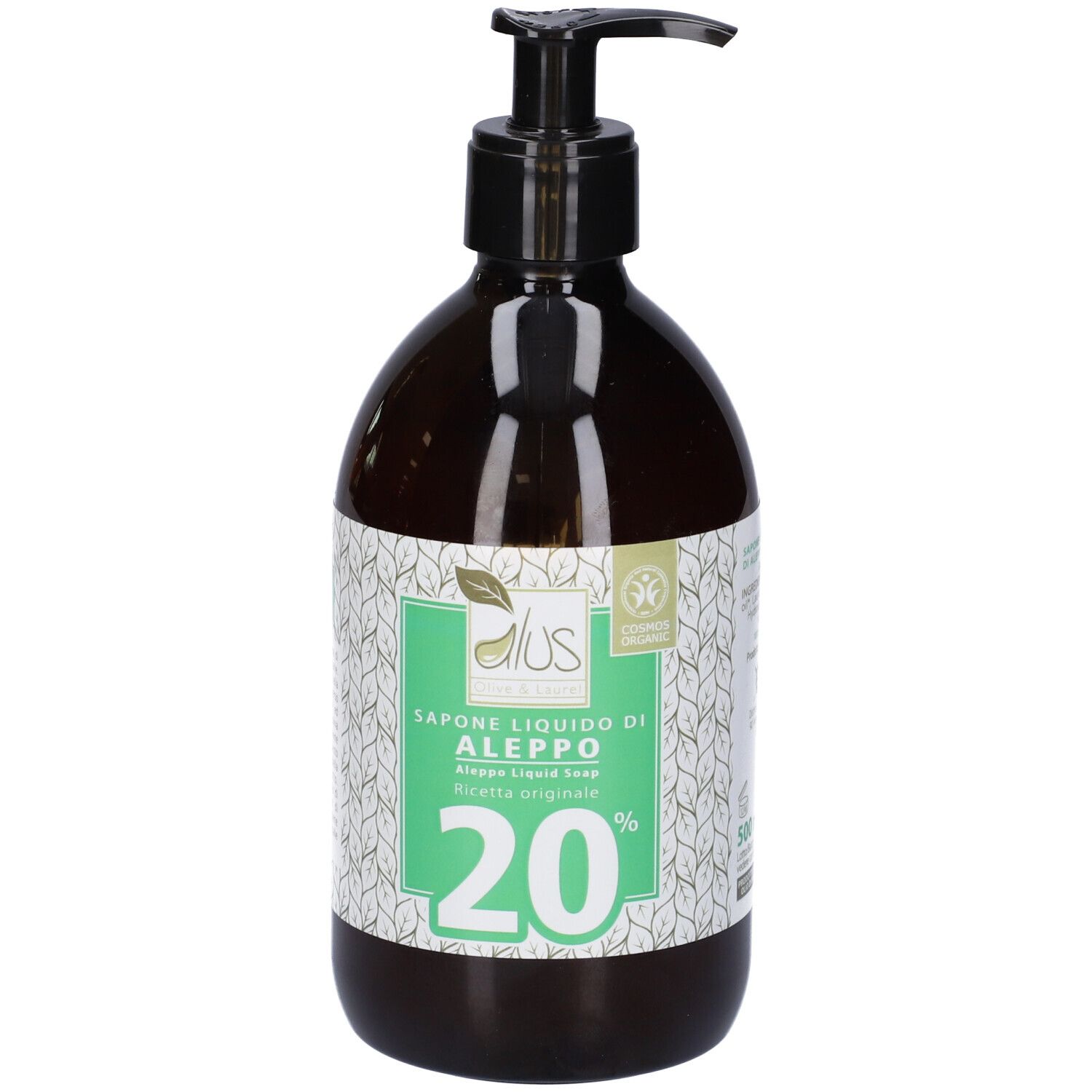 Flacone marrone con dosatore nero. Etichetta "Aleppo Sapone Liquido 20%". Certificazione bio.