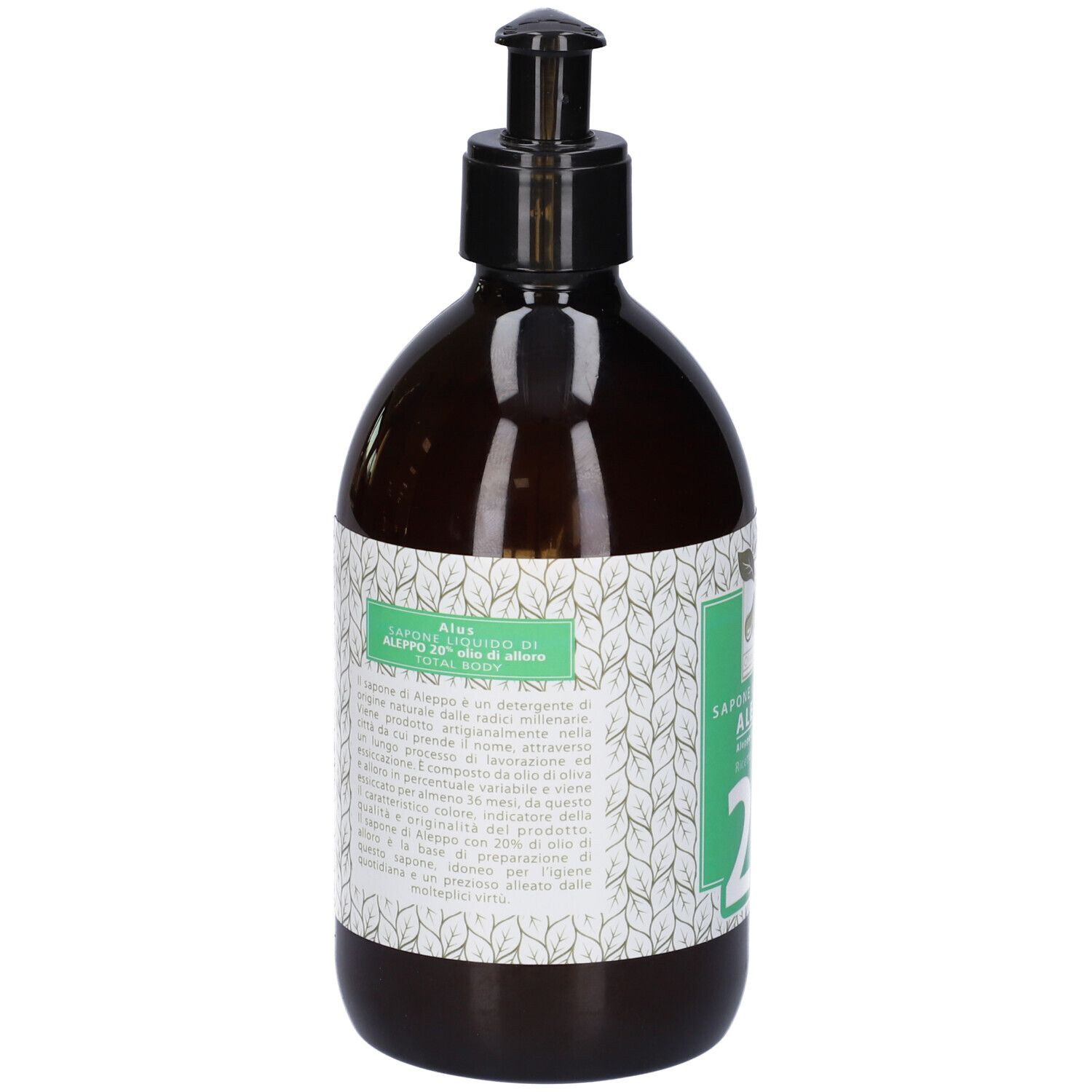 Flacone marrone con dosatore nero. Etichetta con testo e certificazione bio. Vista posteriore.
