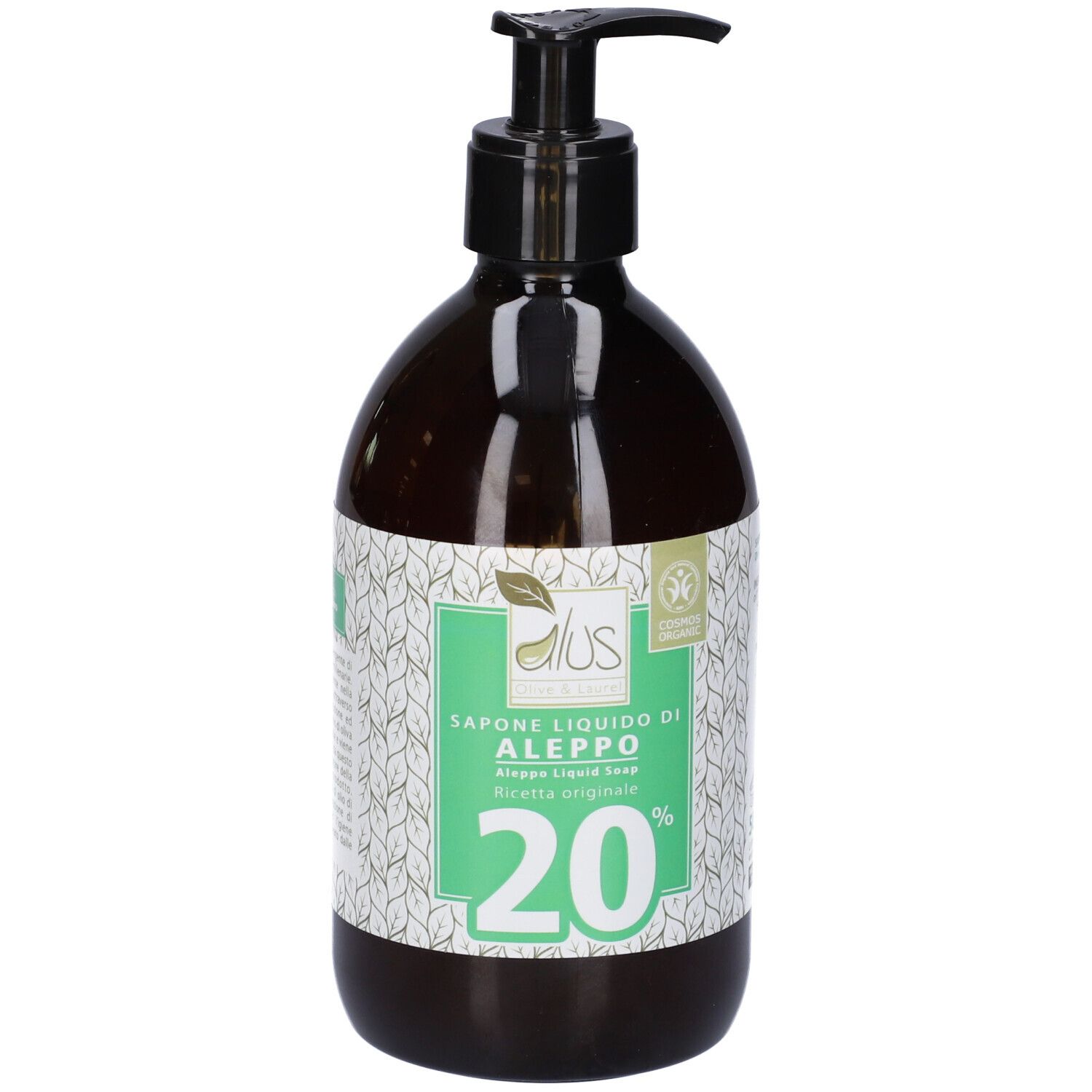 Flacone marrone con dosatore nero. Etichetta "Aleppo Sapone Liquido 20%".