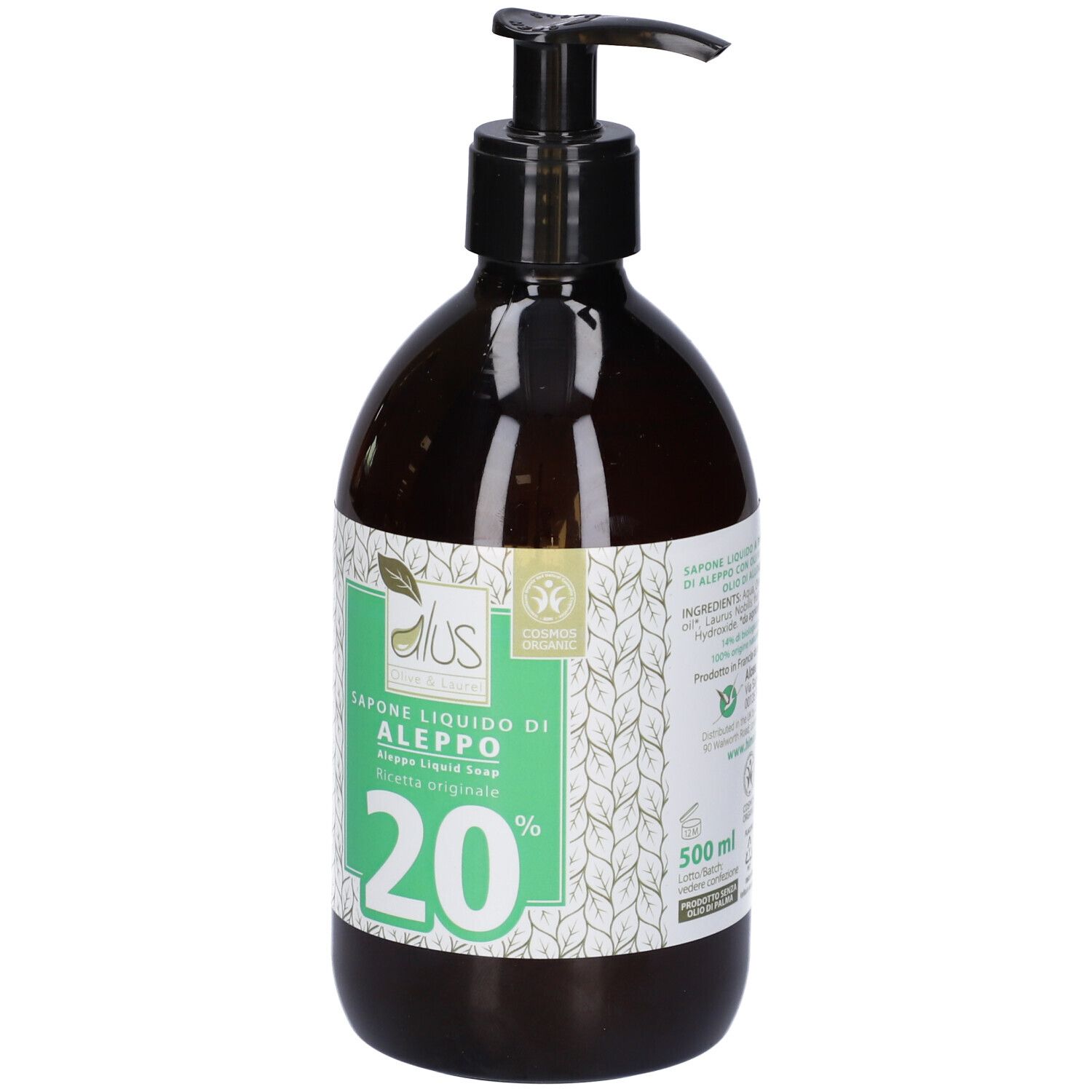 Flacone marrone con dosatore nero. Etichetta "Aleppo Sapone Liquido 20%" e certificazione bio.
