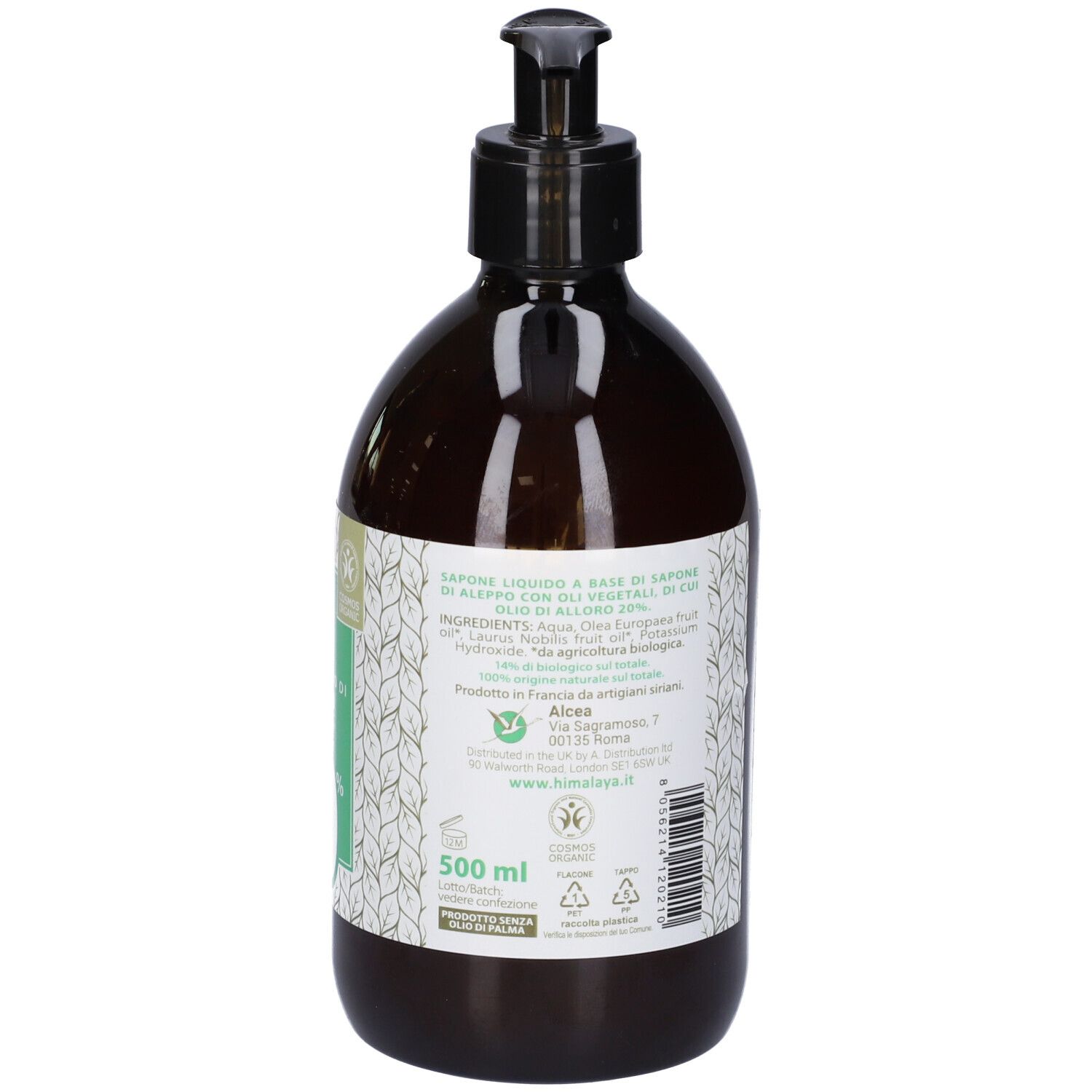 Flacone marrone con dosatore nero. Vista posteriore con testo, certificazione bio e indicazione volume.
