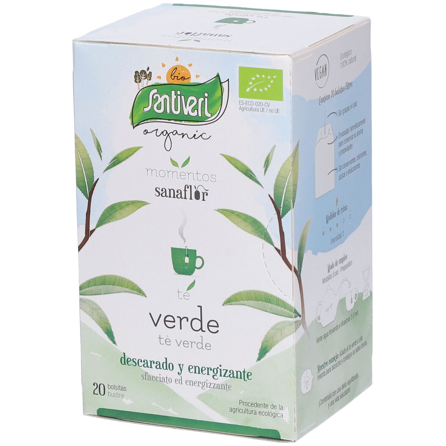 Scatola di tè Sanaflor. Verde e bianco, logo e testo. Sigillo bio visibile. 20 bustine.