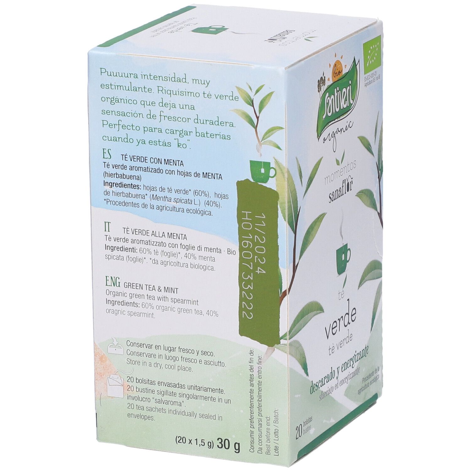 Retro della scatola di tè. Testo multilingue. Data di scadenza e numero di lotto. 20 bustine, 30g.