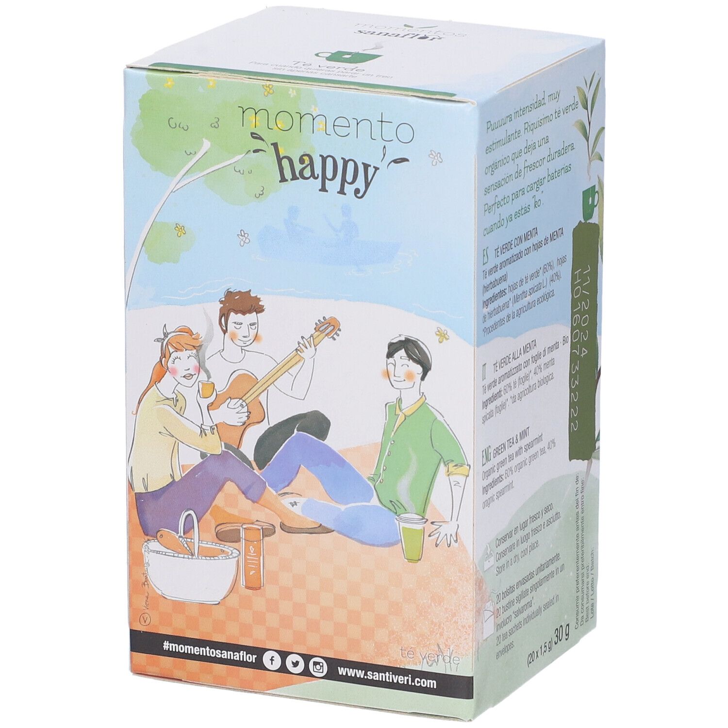 Scatola di tè con illustrazione. Scena con persone nel parco. Testo: Momento Happy. Sigillo vegano.