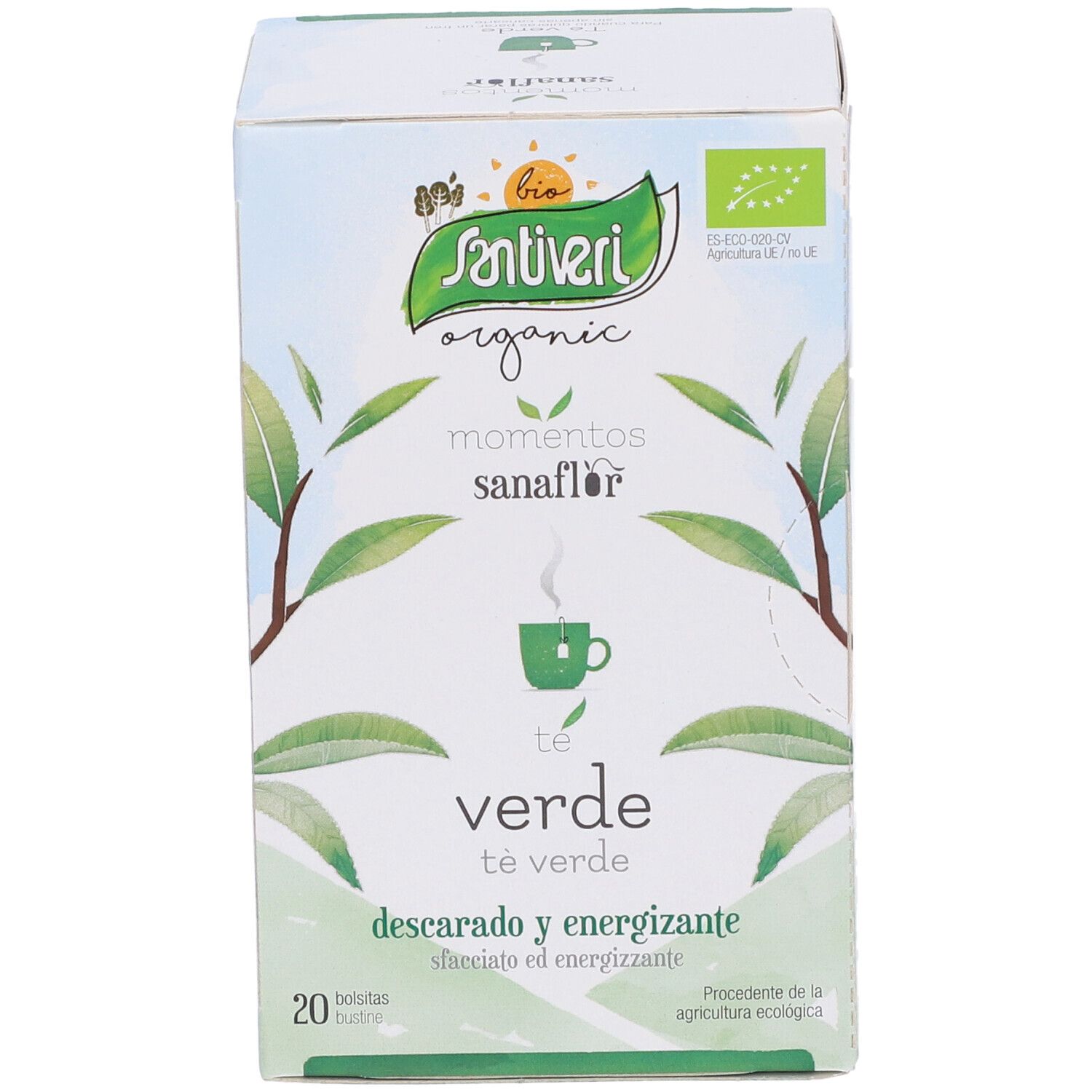 Scatola di tè Sanaflor. Verde e bianco, logo e testo. Sigillo bio visibile. 20 bustine.