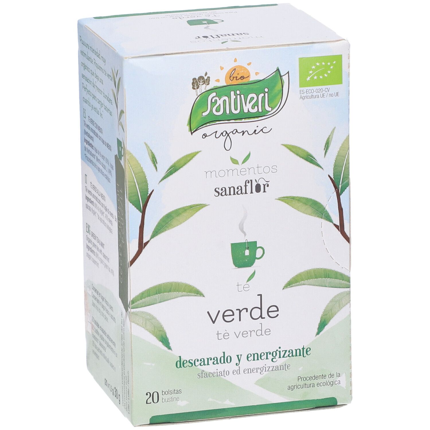 Scatola di tè Sanaflor. Verde e bianco, logo e testo. Sigillo bio visibile. 20 bustine.