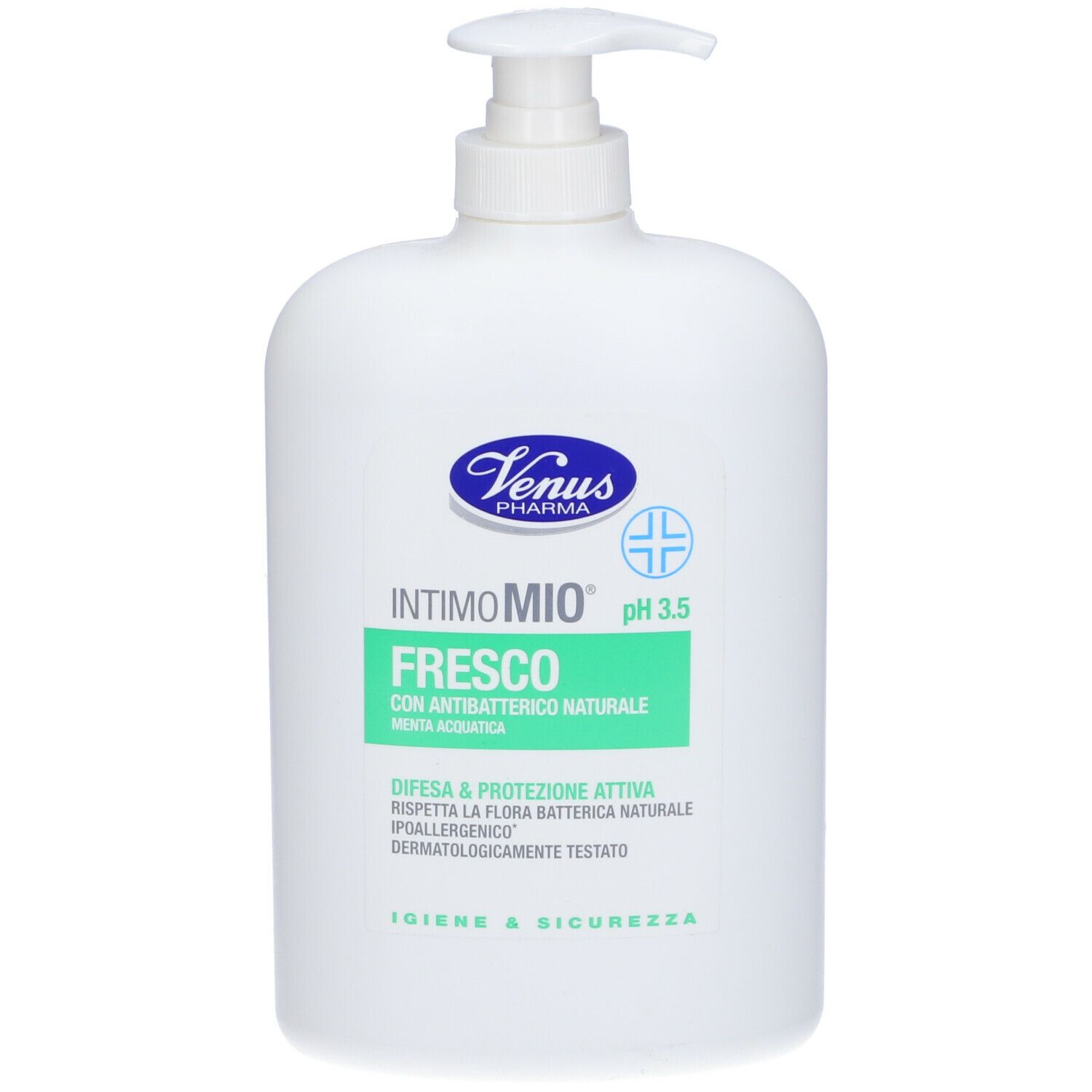 Flacone bianco con dosatore. Scritta: Venus Pharma, Intimo Mio Fresco pH 3,5. Etichette verdi e bianche.