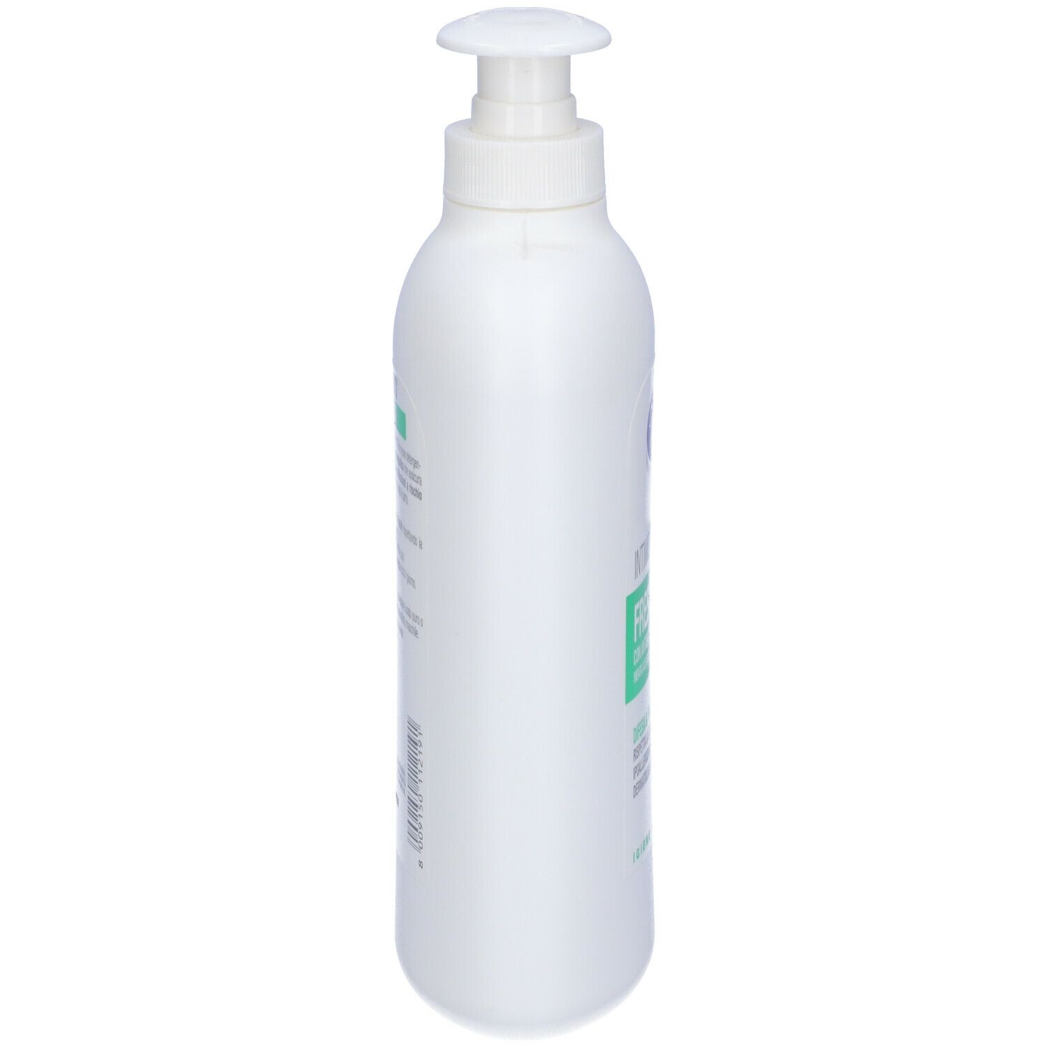 Flacone bianco con dosatore, vista laterale. Scritta sull'etichetta.
