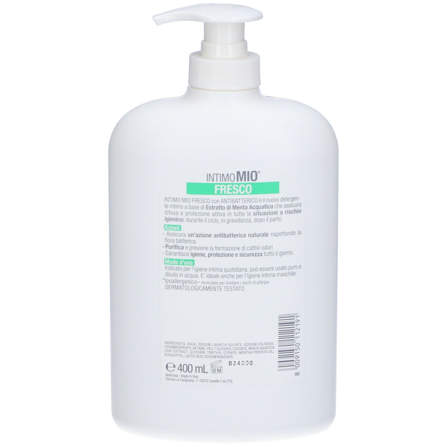 Flacone bianco con dosatore. Retro con testo. Scritta: Intimo Mio Fresco, 400 ml.