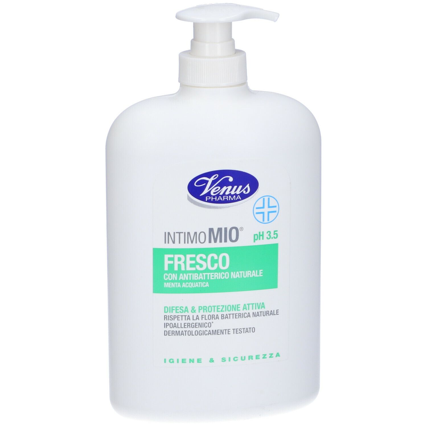 Flacone bianco con dosatore. Scritta: Venus Pharma, Intimo Mio Fresco pH 3,5. Etichette verdi e bianche.