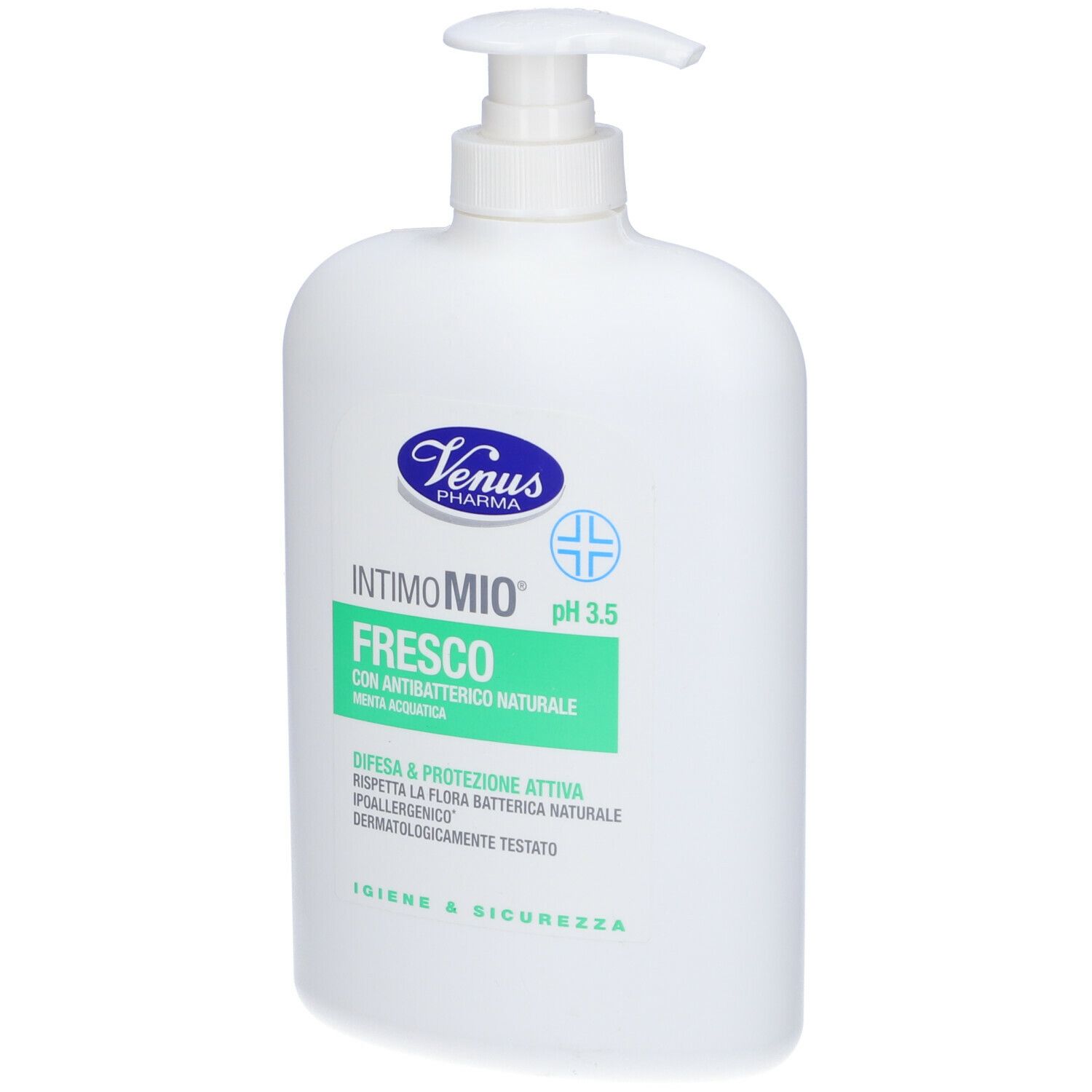 Flacone bianco con dosatore. Scritta: Venus Pharma, Intimo Mio Fresco pH 3,5. Etichette verdi e bianche.