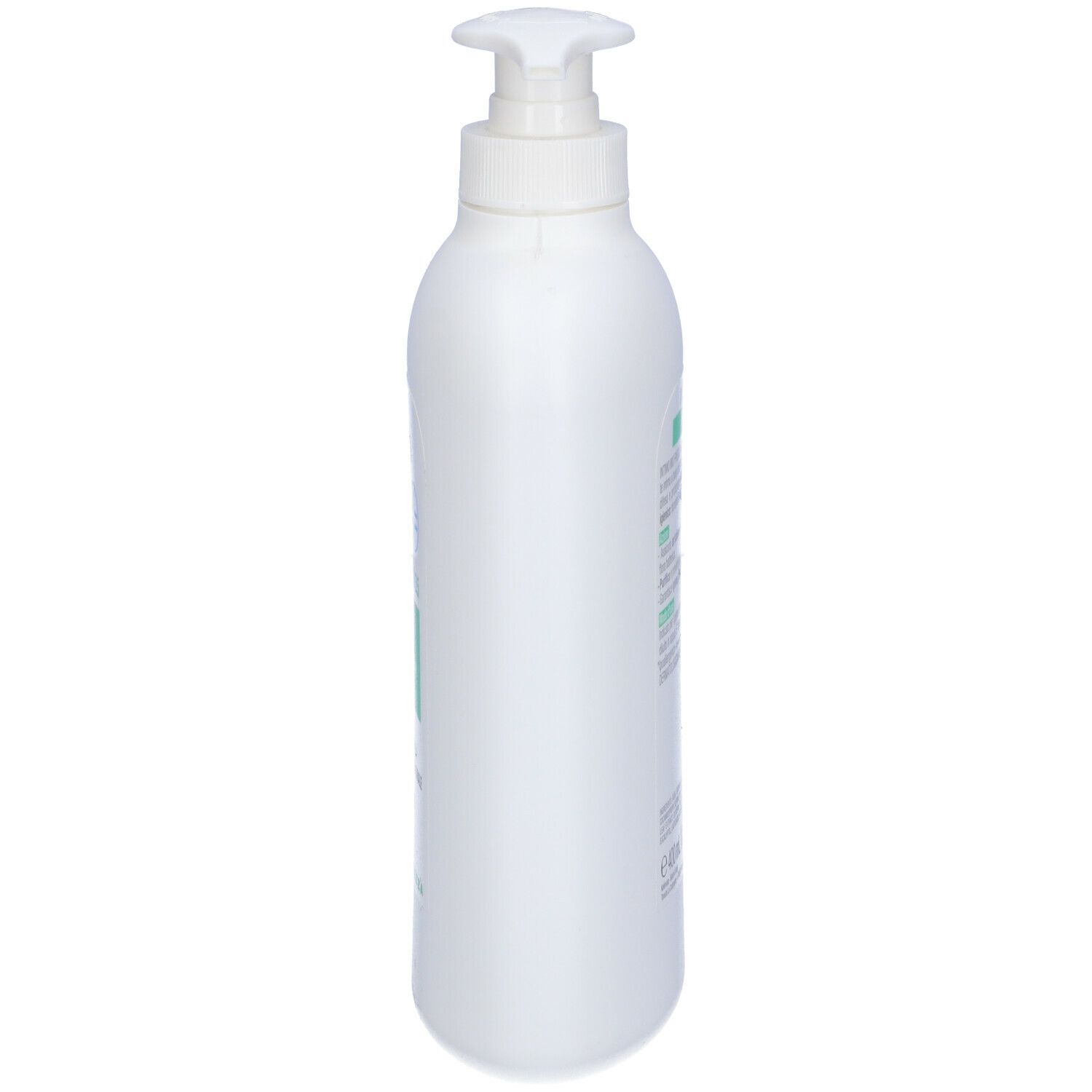 Flacone bianco con dosatore, vista laterale. Scritta sull'etichetta.