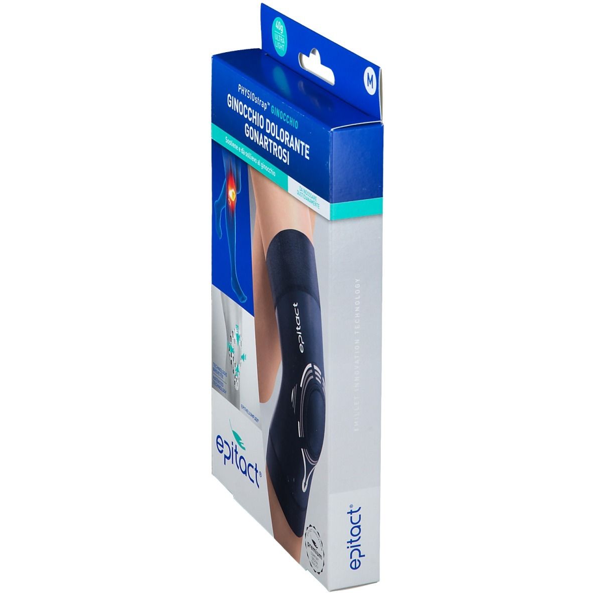 Epitact® Ginocchiera M in Verpackung. Blaue Box, Seitenansicht. Produktname und Logo sichtbar.