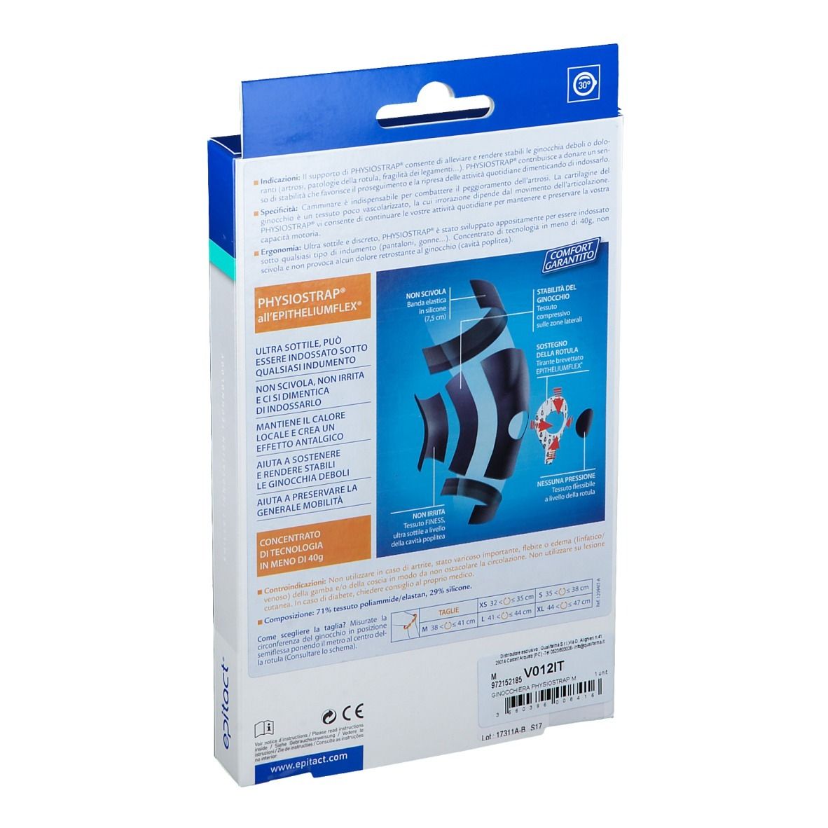 Rückseite der Epitact® Ginocchiera M Verpackung. Text und Produktabbildungen. Details zur Technologie.