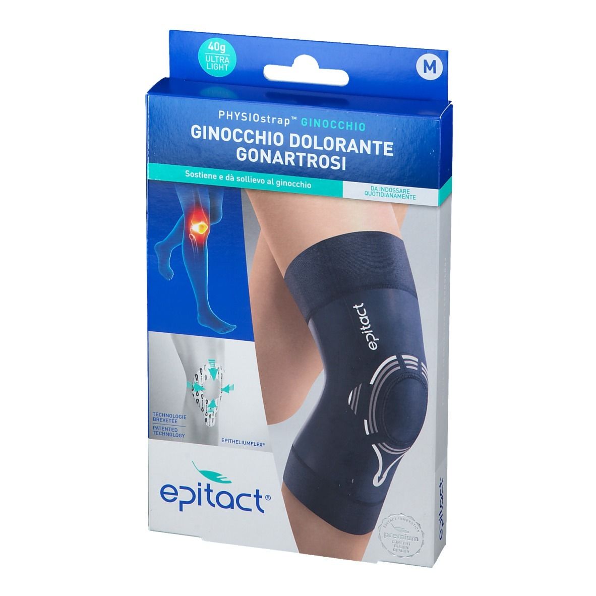 Epitact® Ginocchiera M in Verpackung. Blaue Box, Produktabbildung und Text. Größe M.