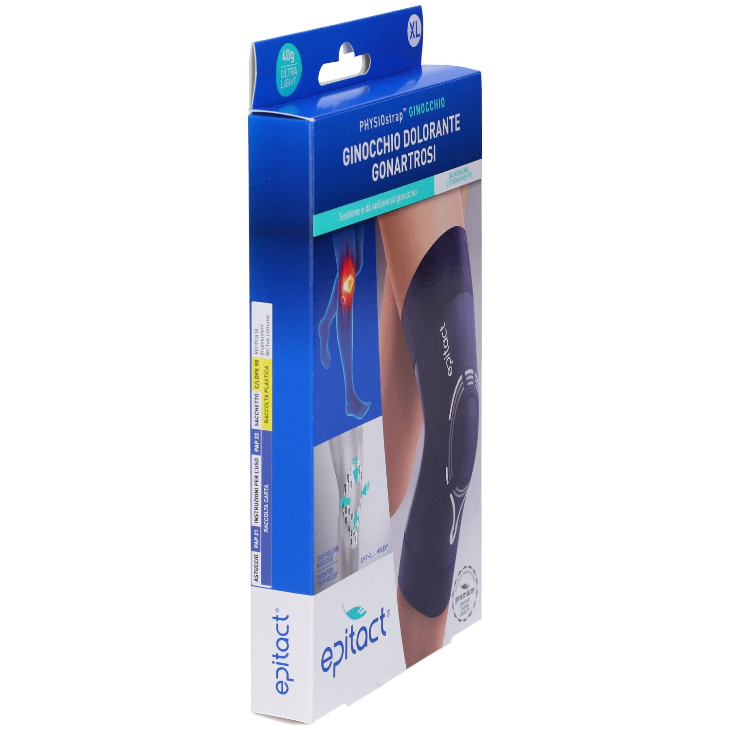 Vista laterale della confezione Epitact Physiostrap Gonartrosi Taglia XL. Confezione blu con nome e logo. Ginocchiera raffigurata.