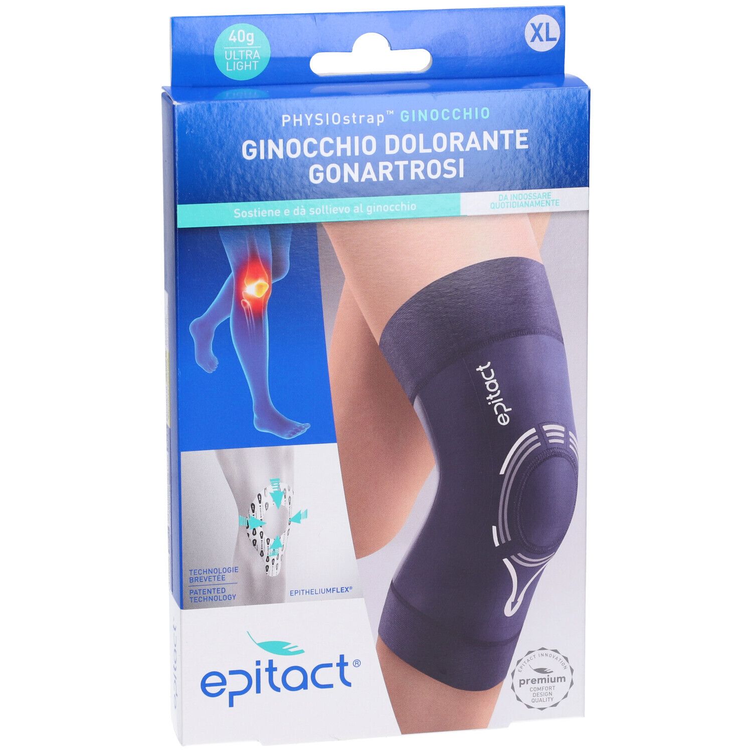 Ginocchiera Epitact Physiostrap Gonartrosi Taglia XL nella confezione. Confezione blu con nome e logo. Taglia XL.