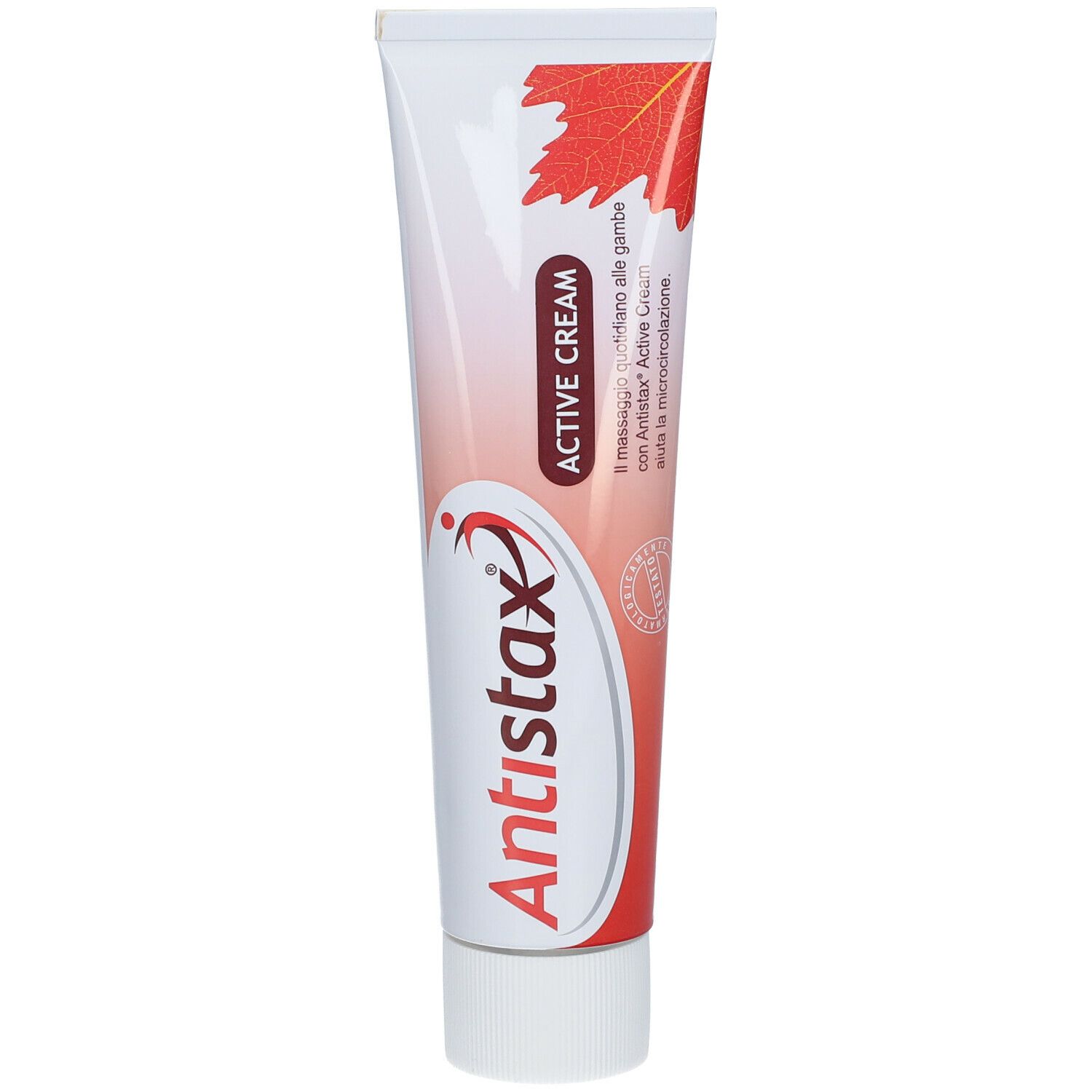 Tube mit Creme. Aufschrift: Antistax, Active Cream. Rotes Blatt-Design. Weißer Hintergrund.