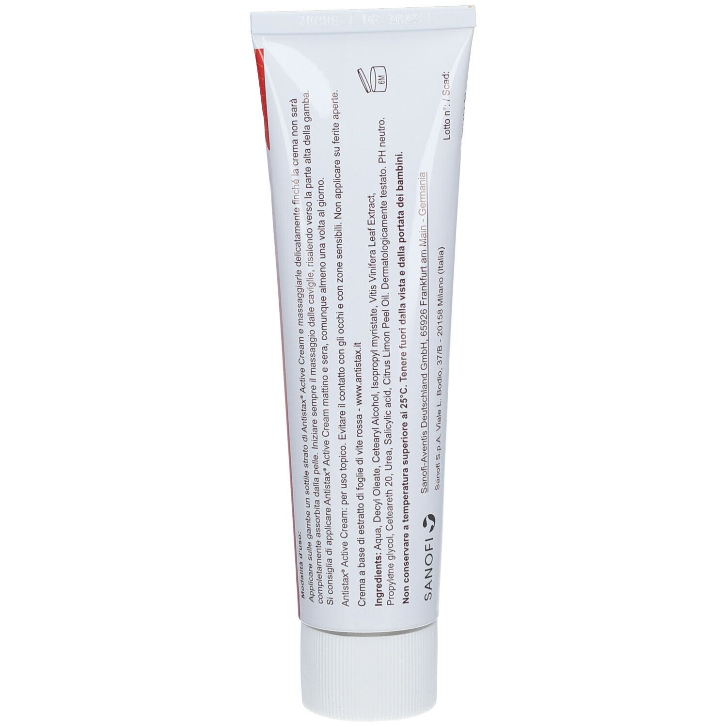 Rückseite der Creme-Tube. Text: Inhaltsstoffe, Anwendungshinweise, Herstellerinformationen.
