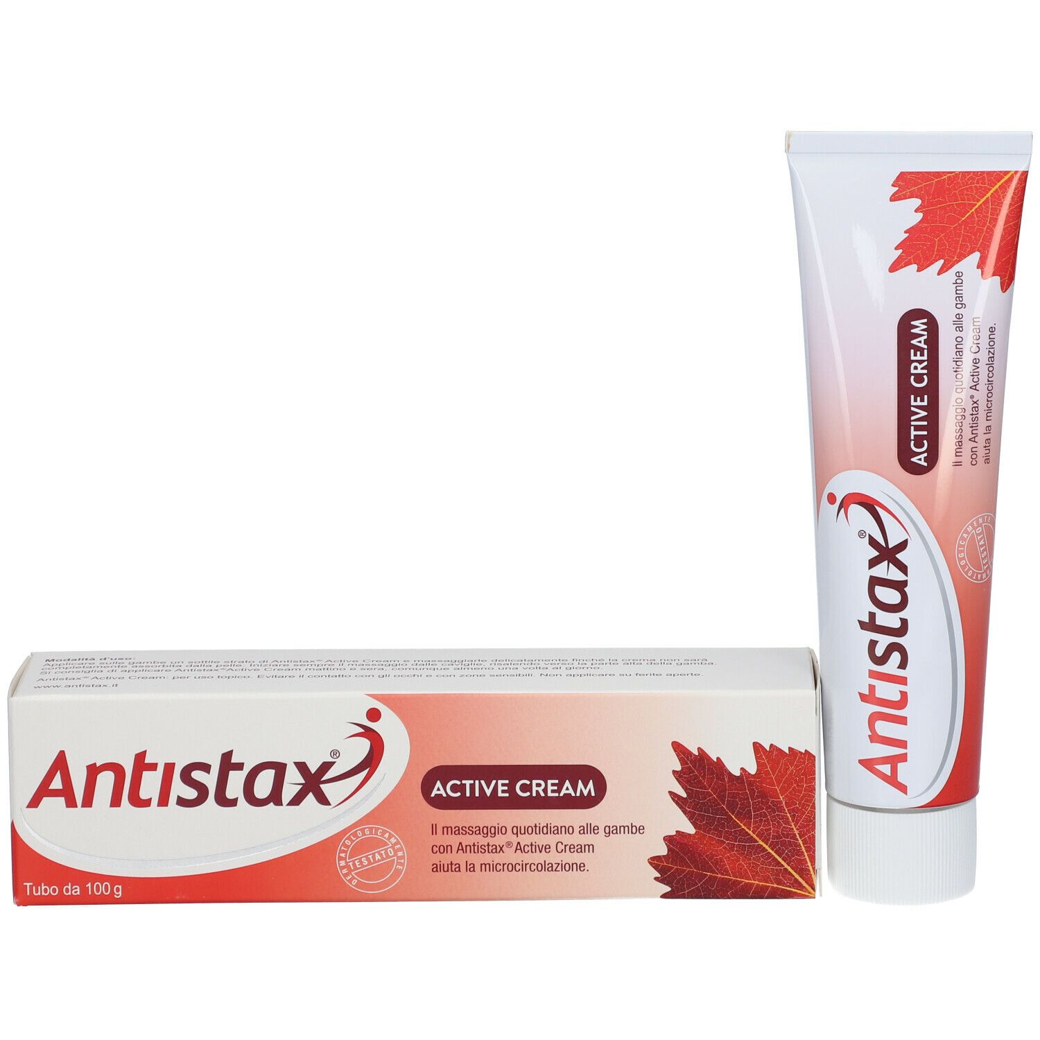 Creme-Tube und Verpackung. Aufschrift: Antistax, Active Cream. Rotes Blatt-Design. Tube: 100g.