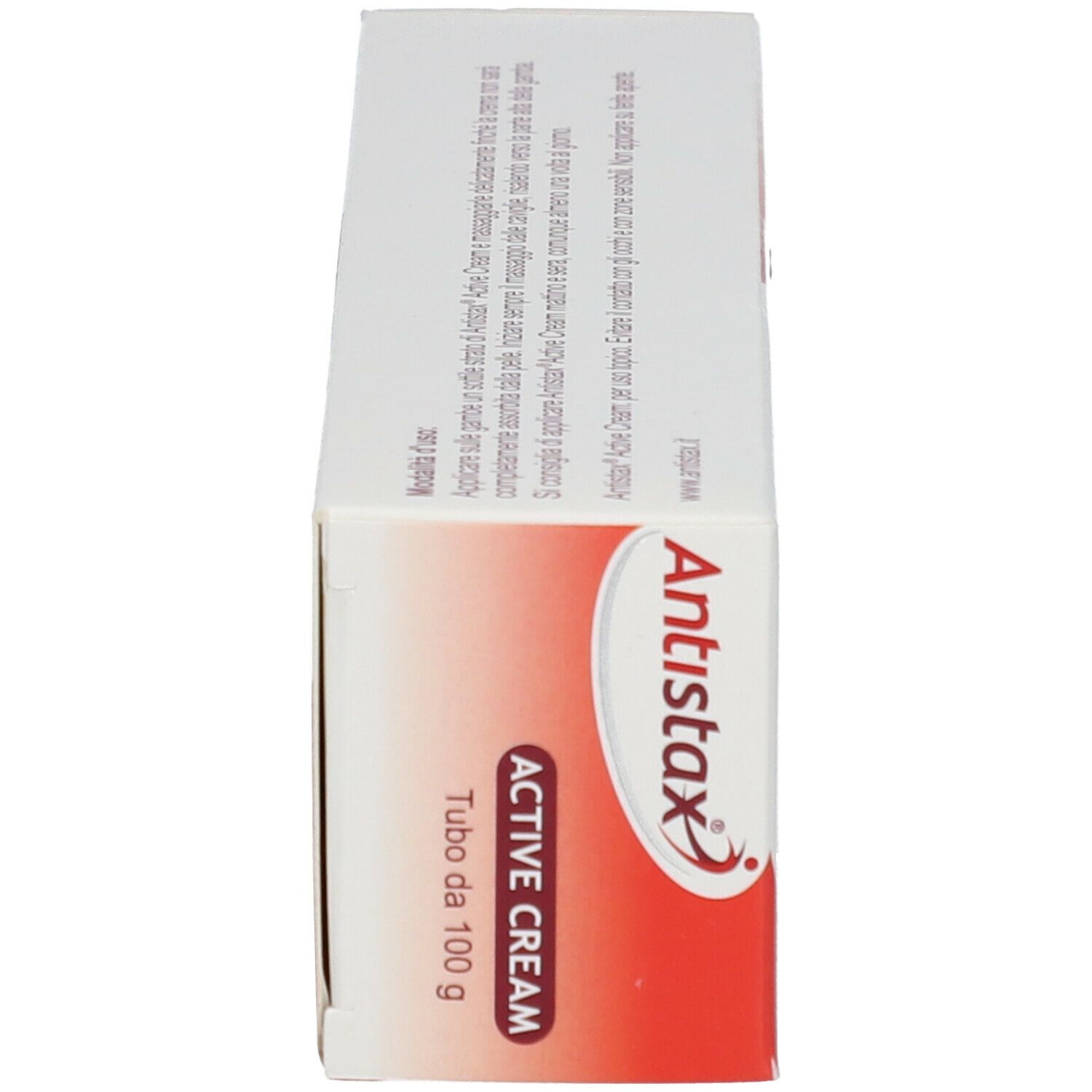 Seitenansicht der Verpackung. Aufschrift: Antistax, Active Cream. Tube: 100g.