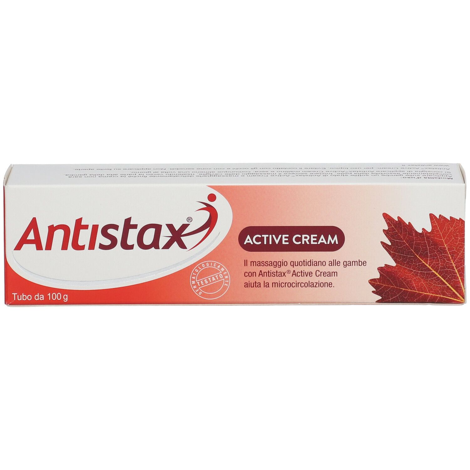 Verpackung der Creme. Aufschrift: Antistax, Active Cream. Rotes Blatt-Design. Tube: 100g.