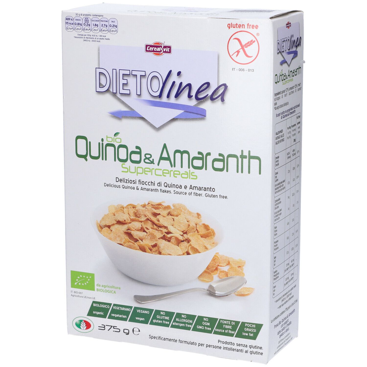 Confezione di DietoLinea Quinoa & Amaranto. Fiocchi senza glutine. Peso netto 375g.
