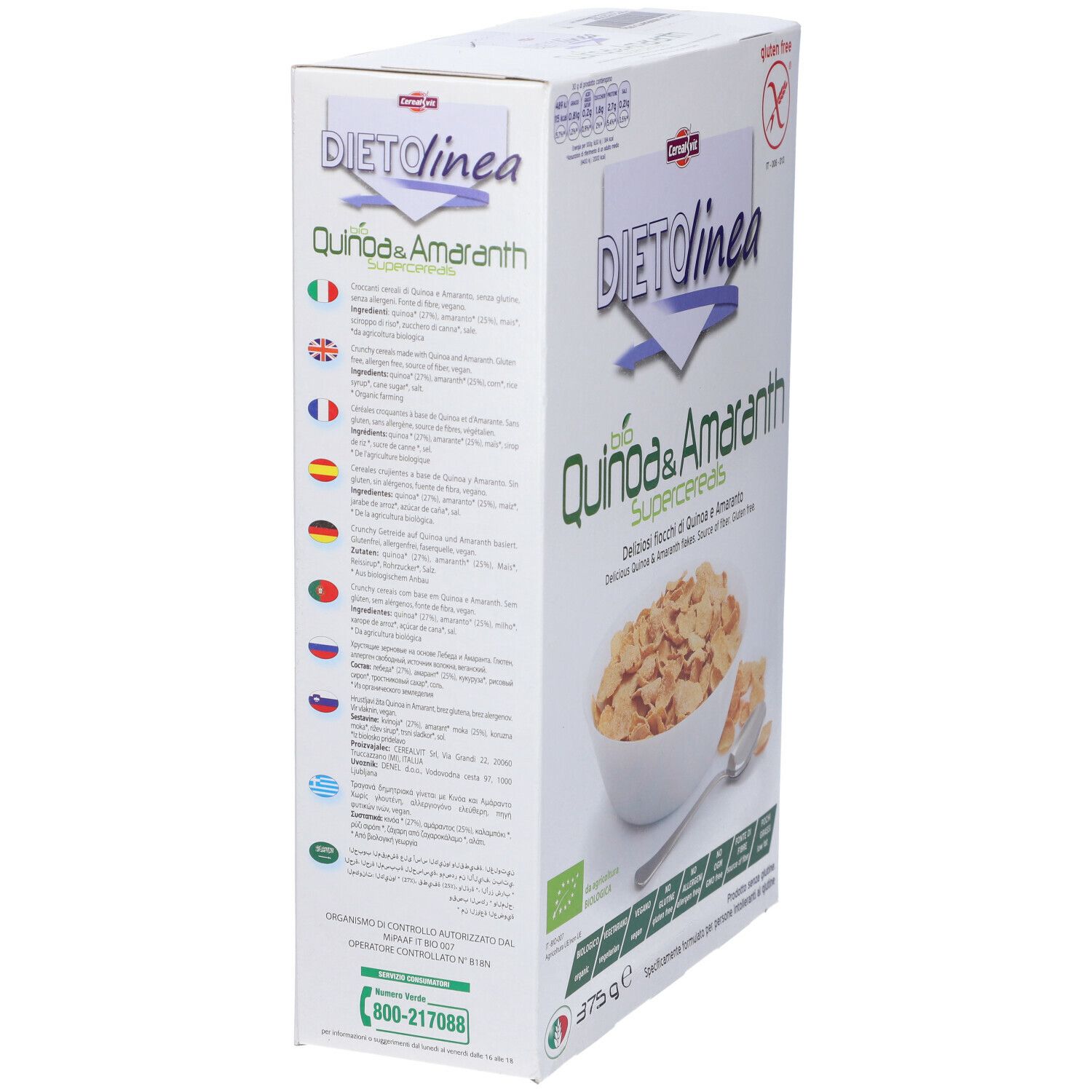 Confezione DietoLinea Quinoa & Amaranto, vista laterale. Informazioni e logo.