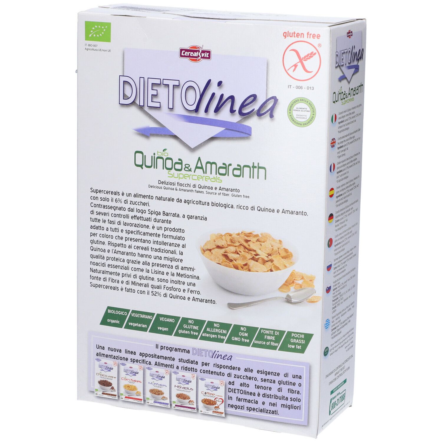 Confezione DietoLinea Quinoa & Amaranto. Fiocchi senza glutine. Loghi e testo.