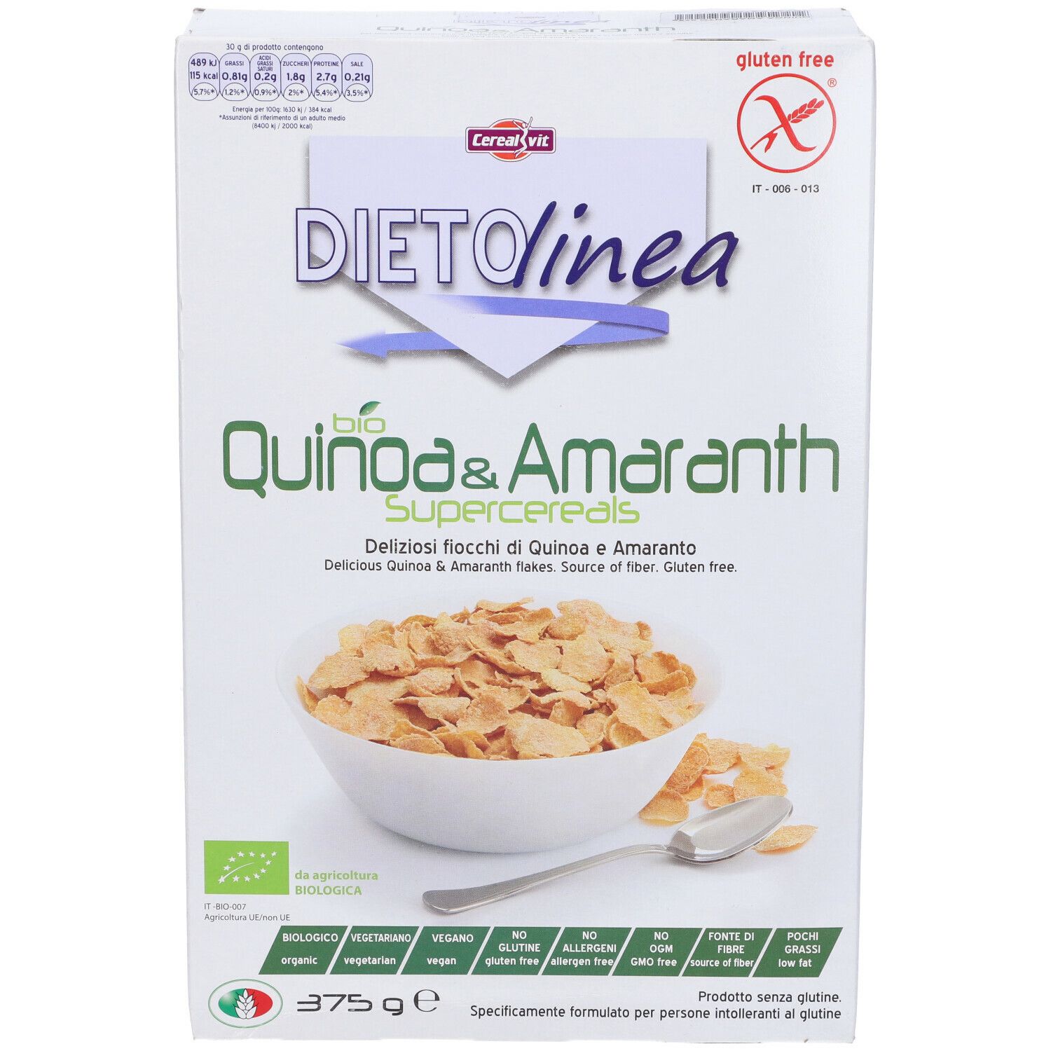 Confezione DietoLinea Quinoa & Amaranto. Fiocchi senza glutine. Peso netto 375g.