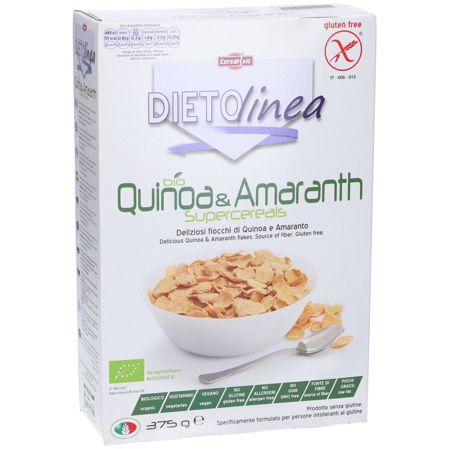 Confezione DietoLinea Quinoa & Amaranto. Fiocchi senza glutine. Peso netto 375g.