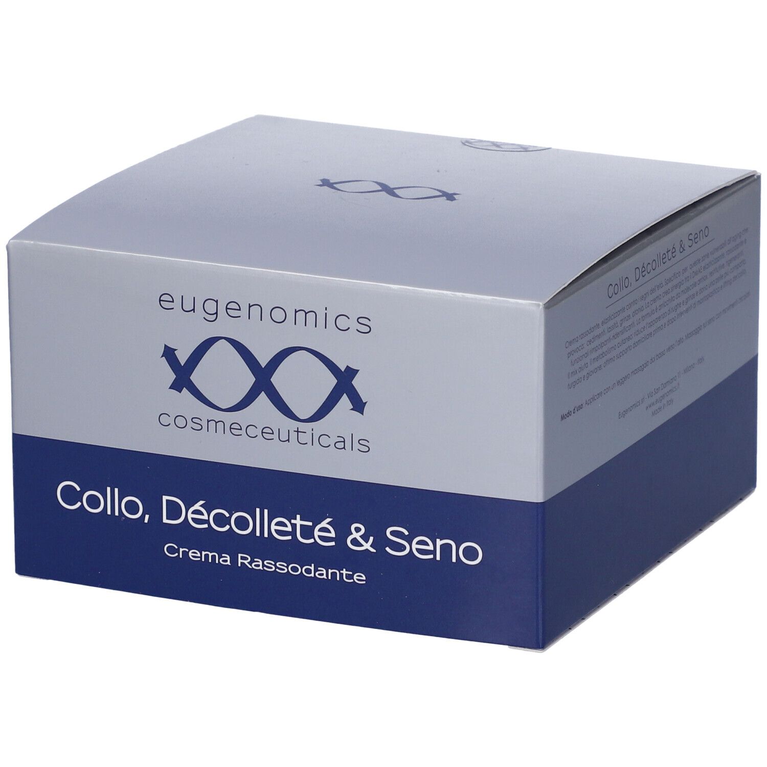 Scatola con logo e nome del prodotto. Testo: Collo, Dècolletè & Seno, Crema Rassodante. Marchio: eugenomics cosmeceuticals.