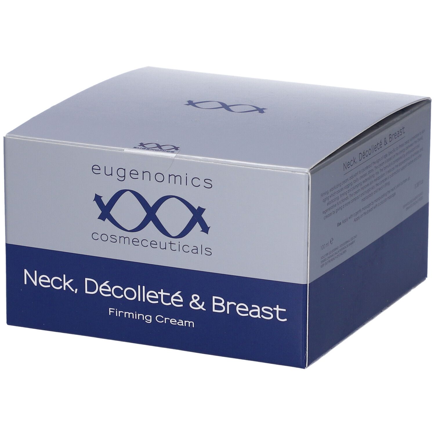 Scatola con logo e nome del prodotto. Testo: Neck, Dècolletè & Breast, Firming Cream. Marchio: eugenomics cosmeceuticals.