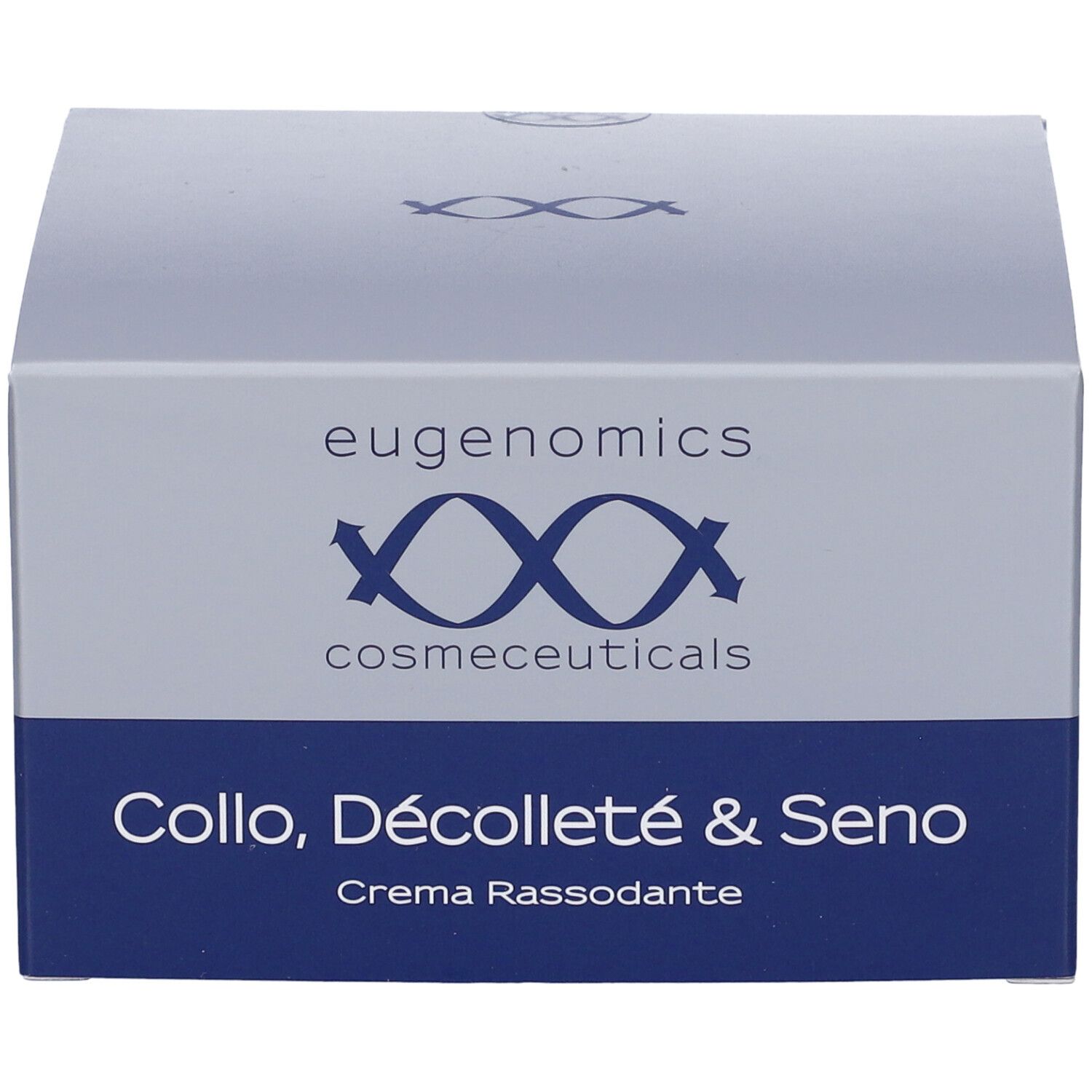 Scatola con logo e nome del prodotto. Testo: Collo, Dècolletè & Seno, Crema Rassodante. Marchio: eugenomics cosmeceuticals.