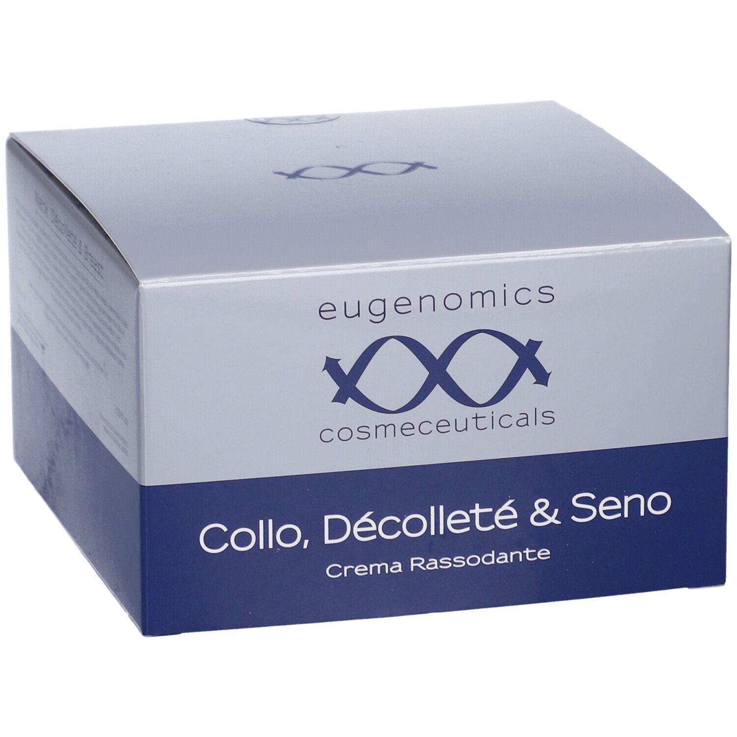 Scatola con logo e nome del prodotto. Testo: Collo, Dècolletè & Seno, Crema Rassodante. Marchio: eugenomics cosmeceuticals.