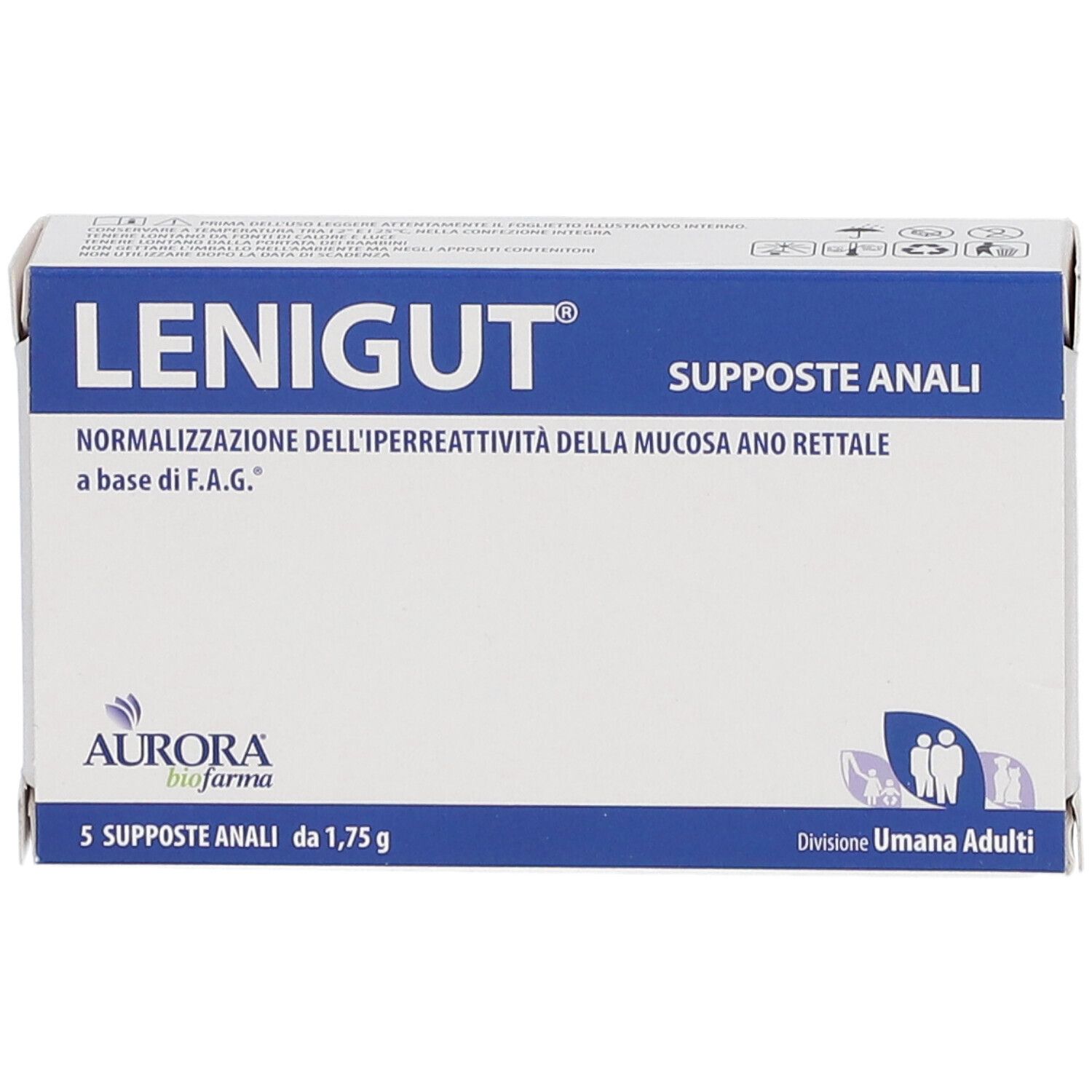 Packung mit 5 Lenigut Analzäpfchen, 1,75 g pro Stück.
