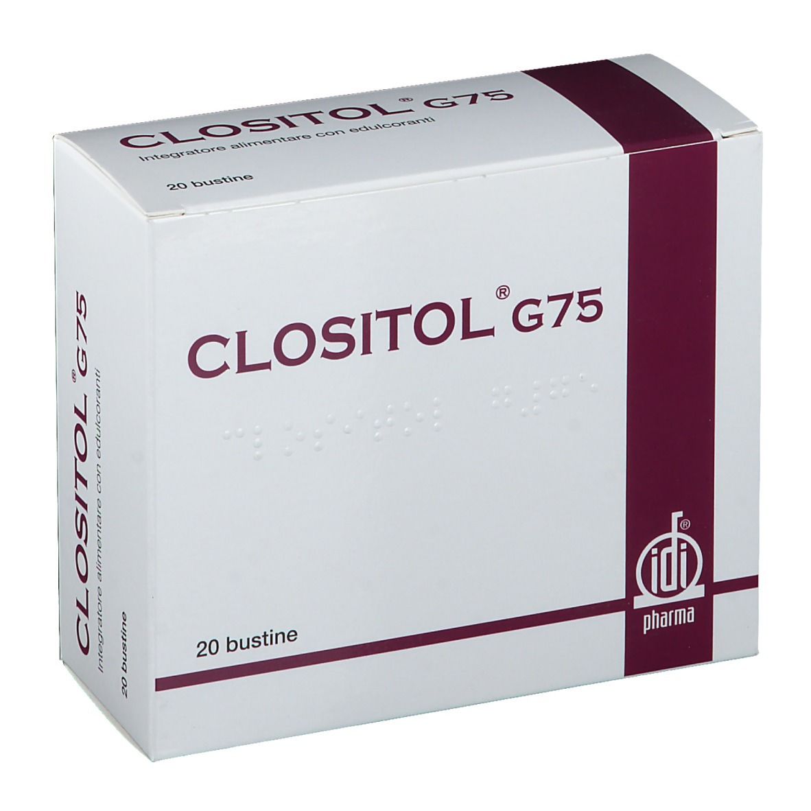 Scatola bianca CLOSITOL G75 con logo e 20 bustine. Logo IDI Pharma in basso a destra.