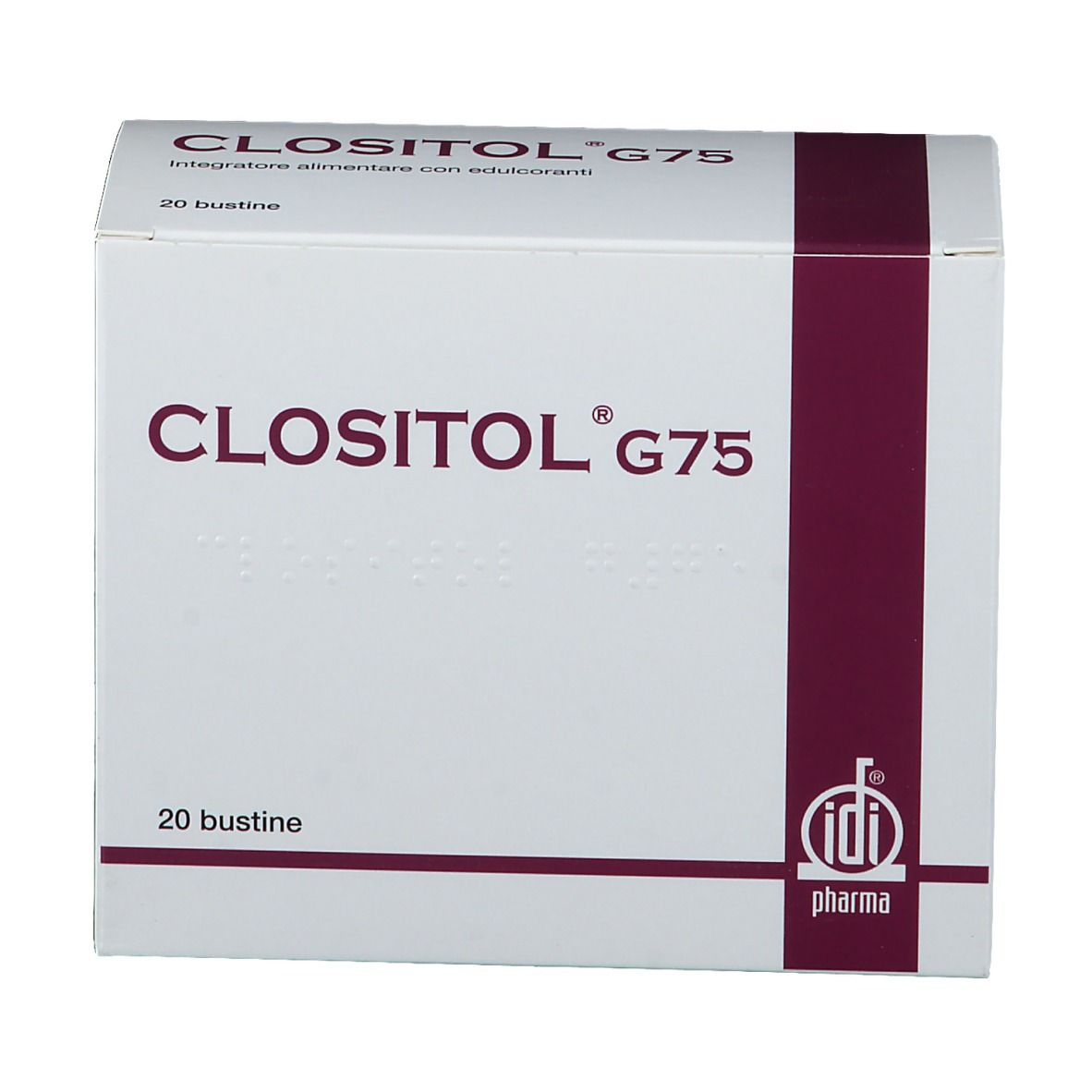 Scatola bianca CLOSITOL G75 con logo e 20 bustine. Logo IDI Pharma in basso a destra.