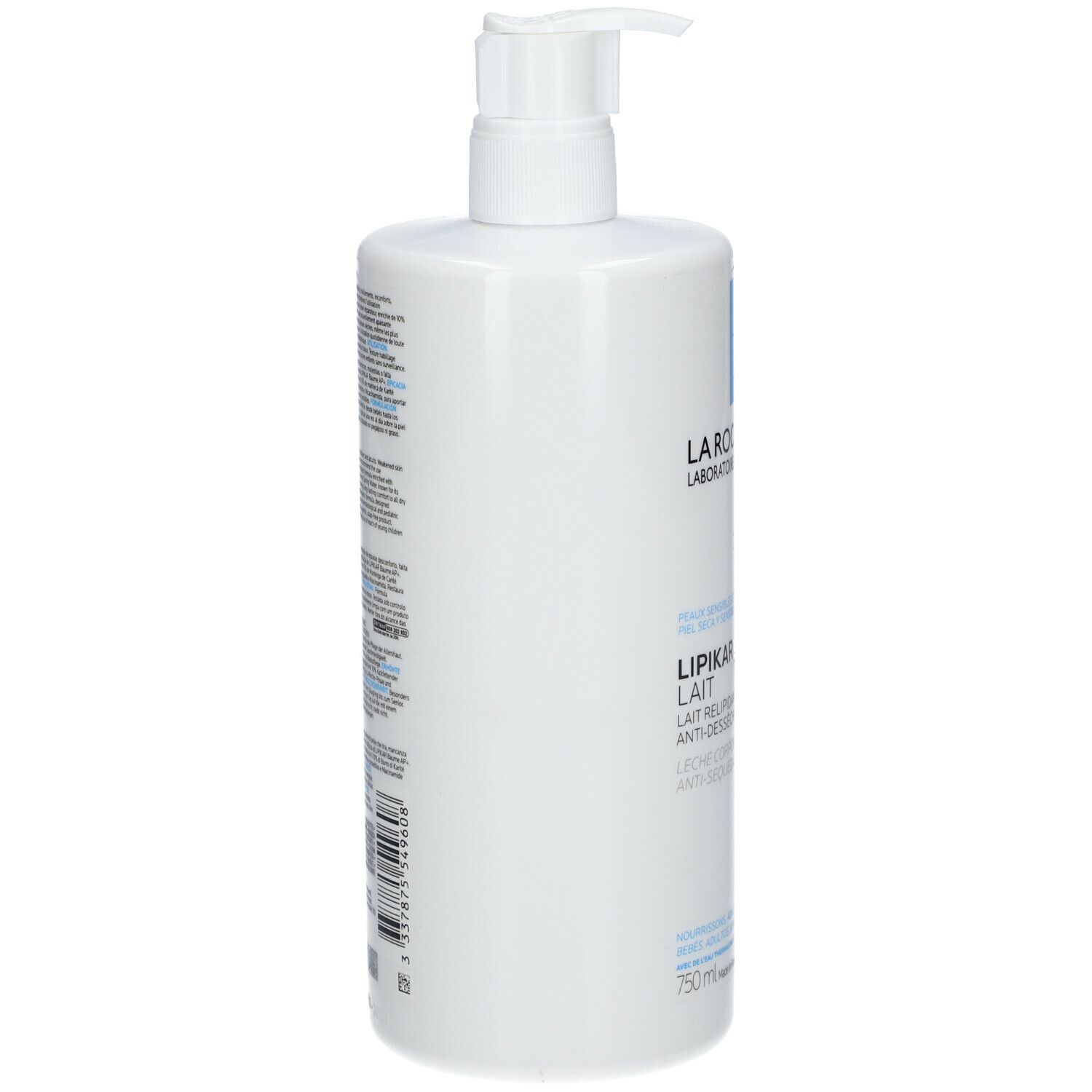 Flacone bianco La Roche-Posay LIPIKAR LOTION con pompa. Scritta: LIPIKAR LAIT. Retro con testo.