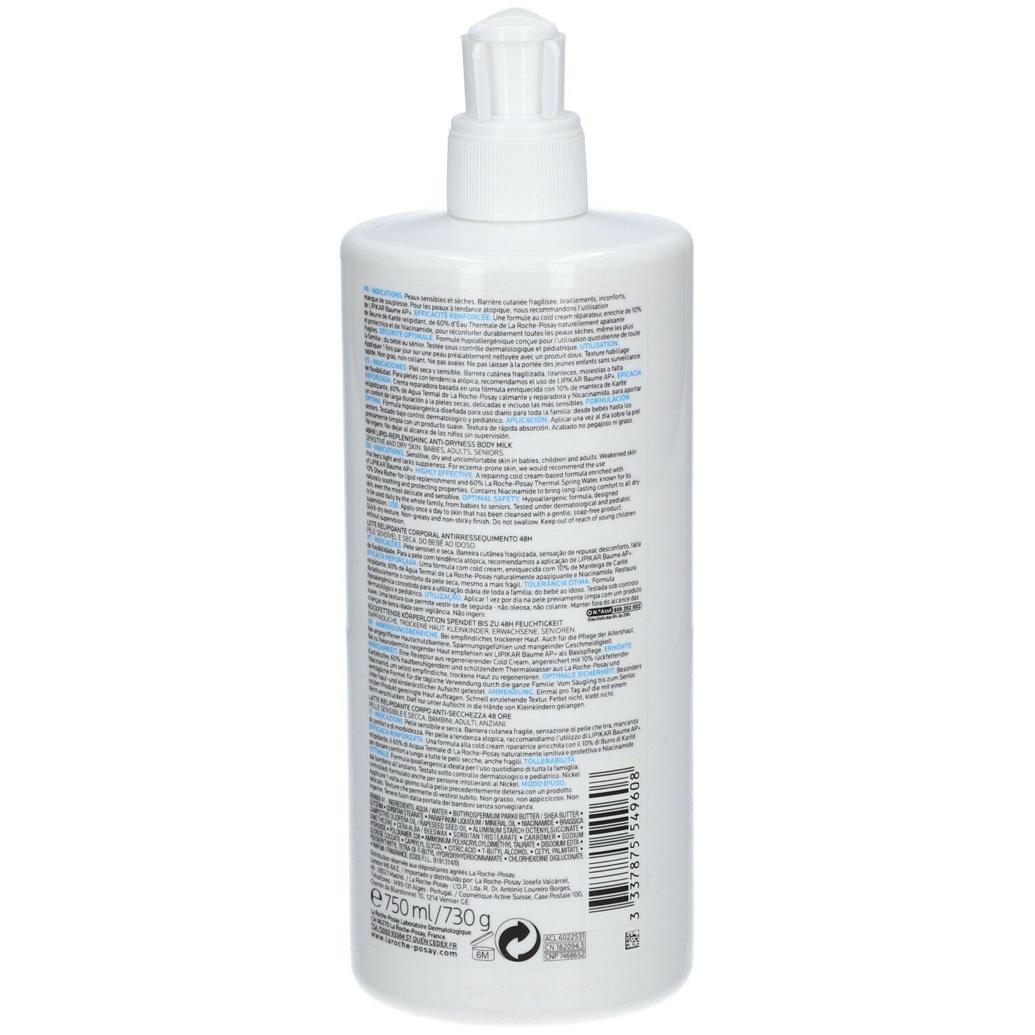 Flacone bianco La Roche-Posay LIPIKAR LOTION con pompa. Scritta: LIPIKAR LAIT. Retro con testo.