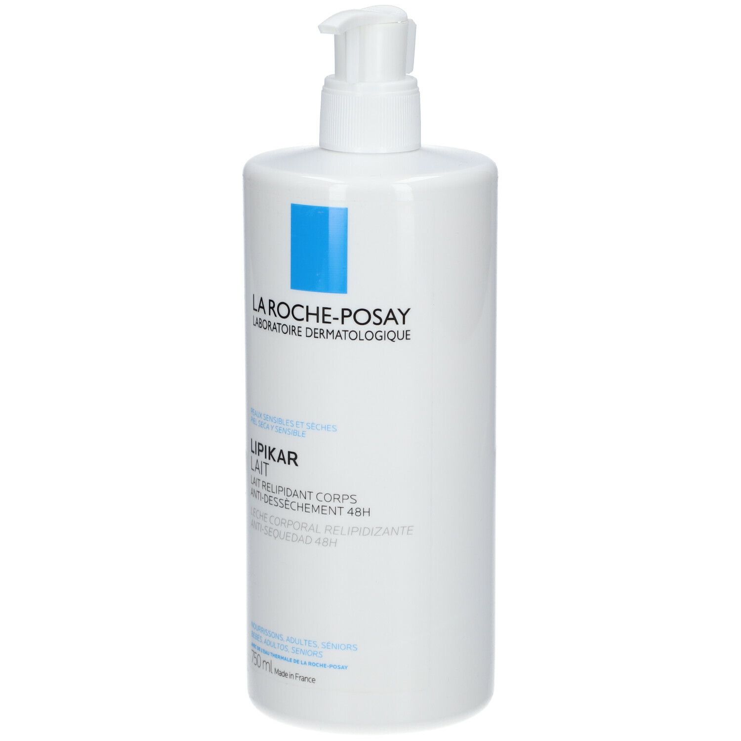 Flacone bianco La Roche-Posay LIPIKAR LOTION con pompa. Scritta: LIPIKAR LAIT. Retro con testo.